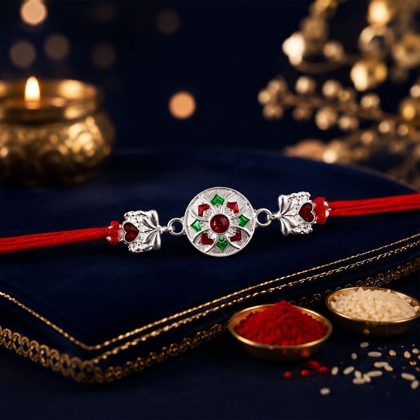 Close-up of Silver Floral Stone Charm Rakhi with Dori for brother