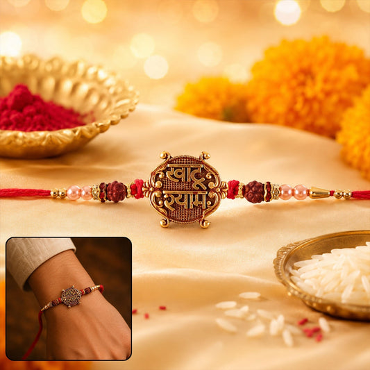 Close-up of Khatu Shyam Antique Charm Rakhi with Rudraksha beads