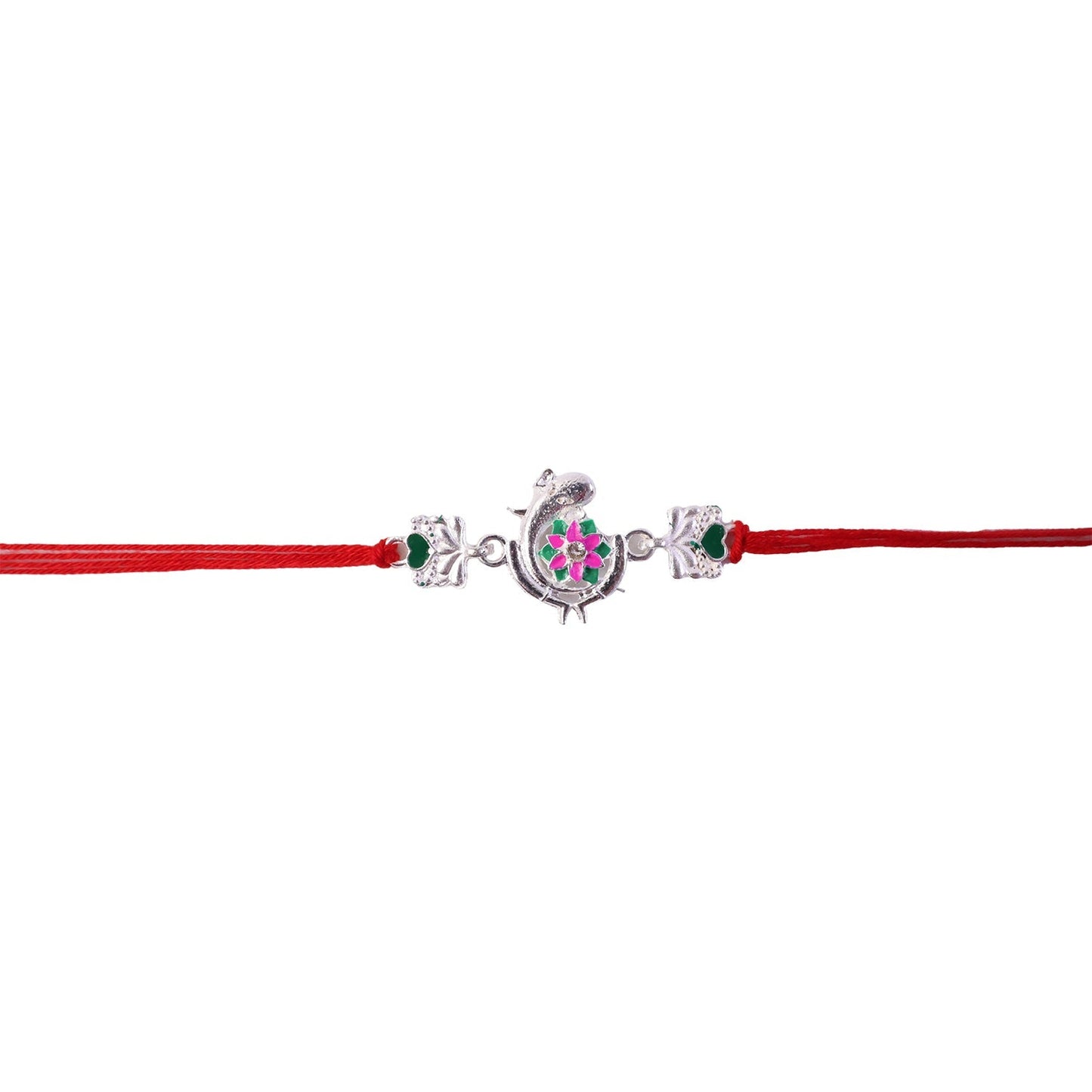 Full length view of Silver Peacock Flower Heart Rakhi with detailed motifs