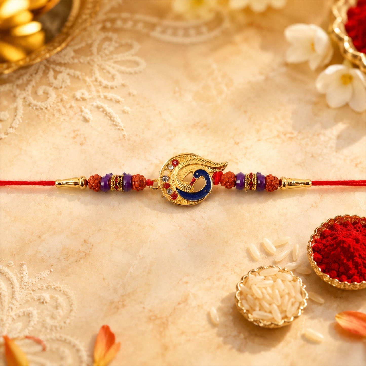 Top view of elegant Golden Mor Feather Charm Rakhi, lightweight style