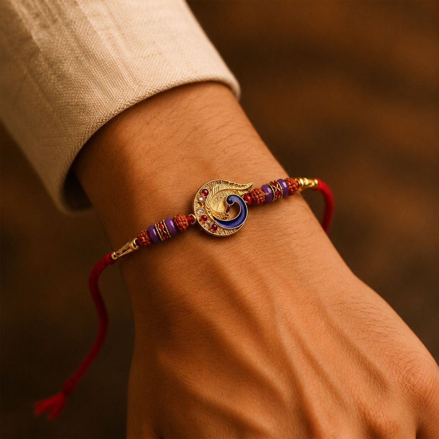 Side angle of Golden Mor Feather Charm Beads Rakhi, festive accessory