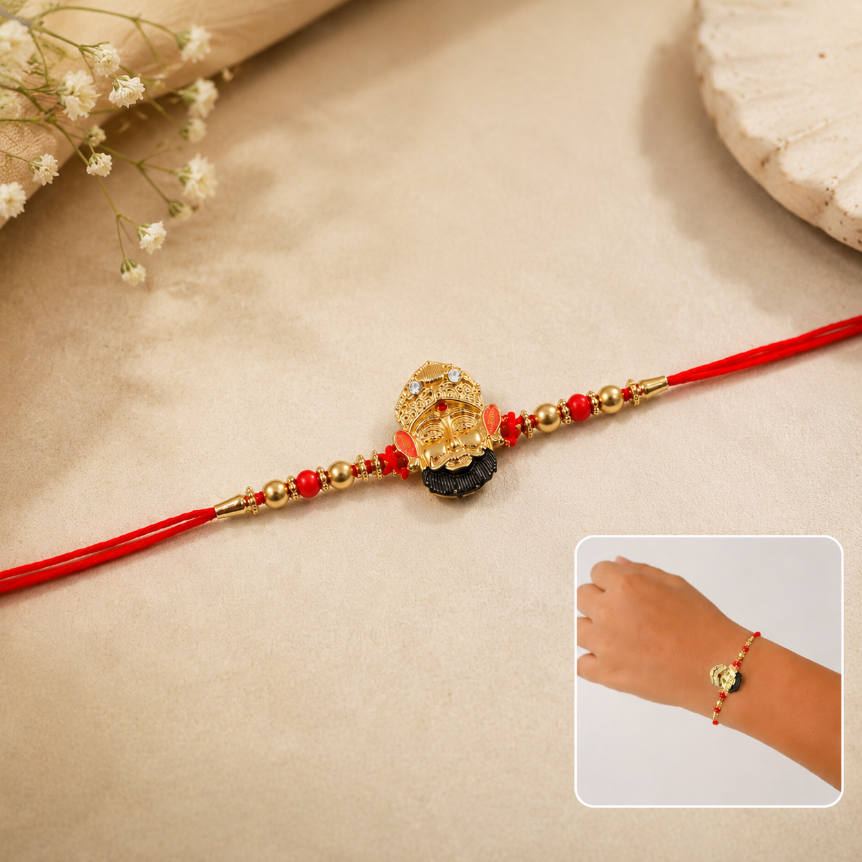 Close-up of pearl bead details on rakhi