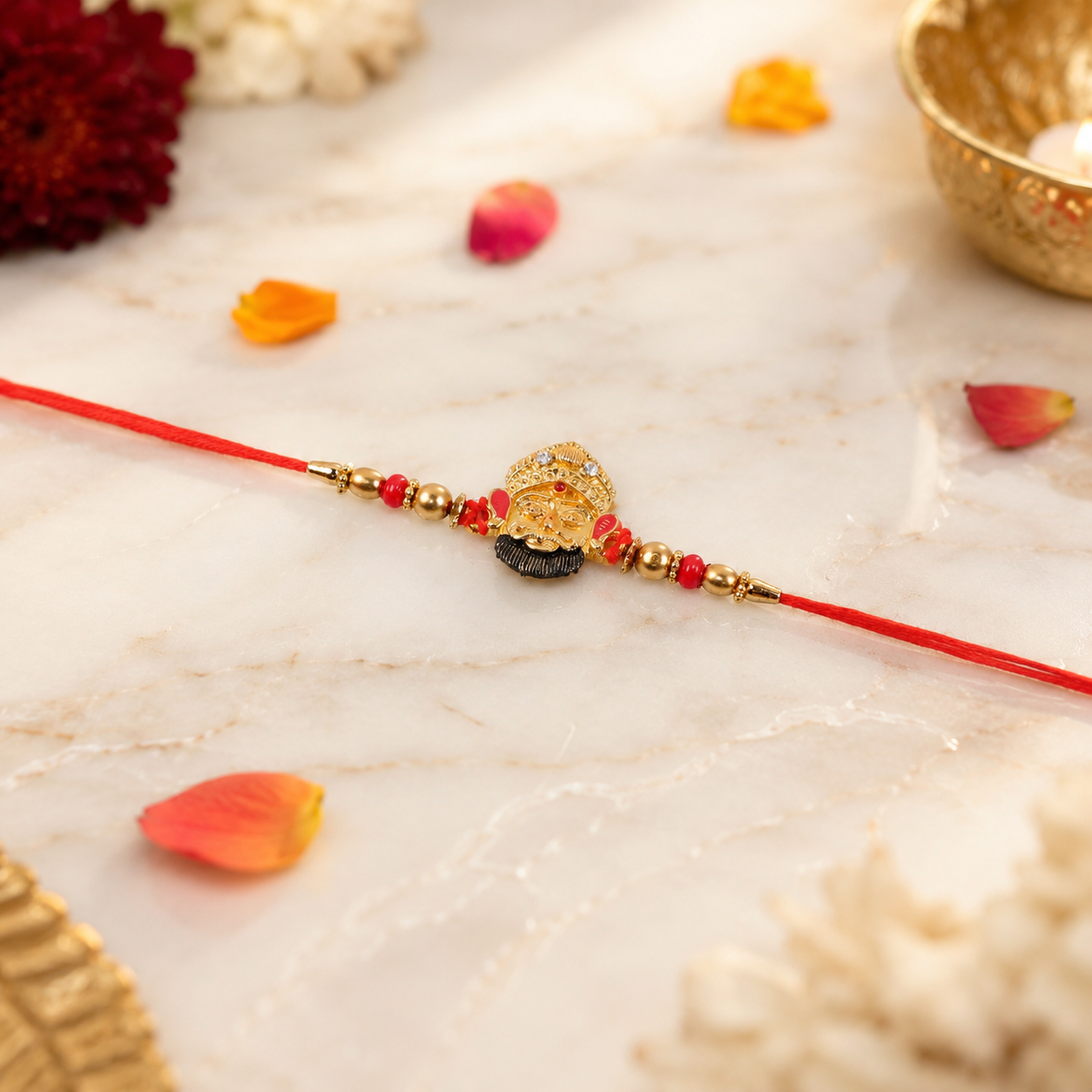 Elegant design of golden divine face charm rakhi