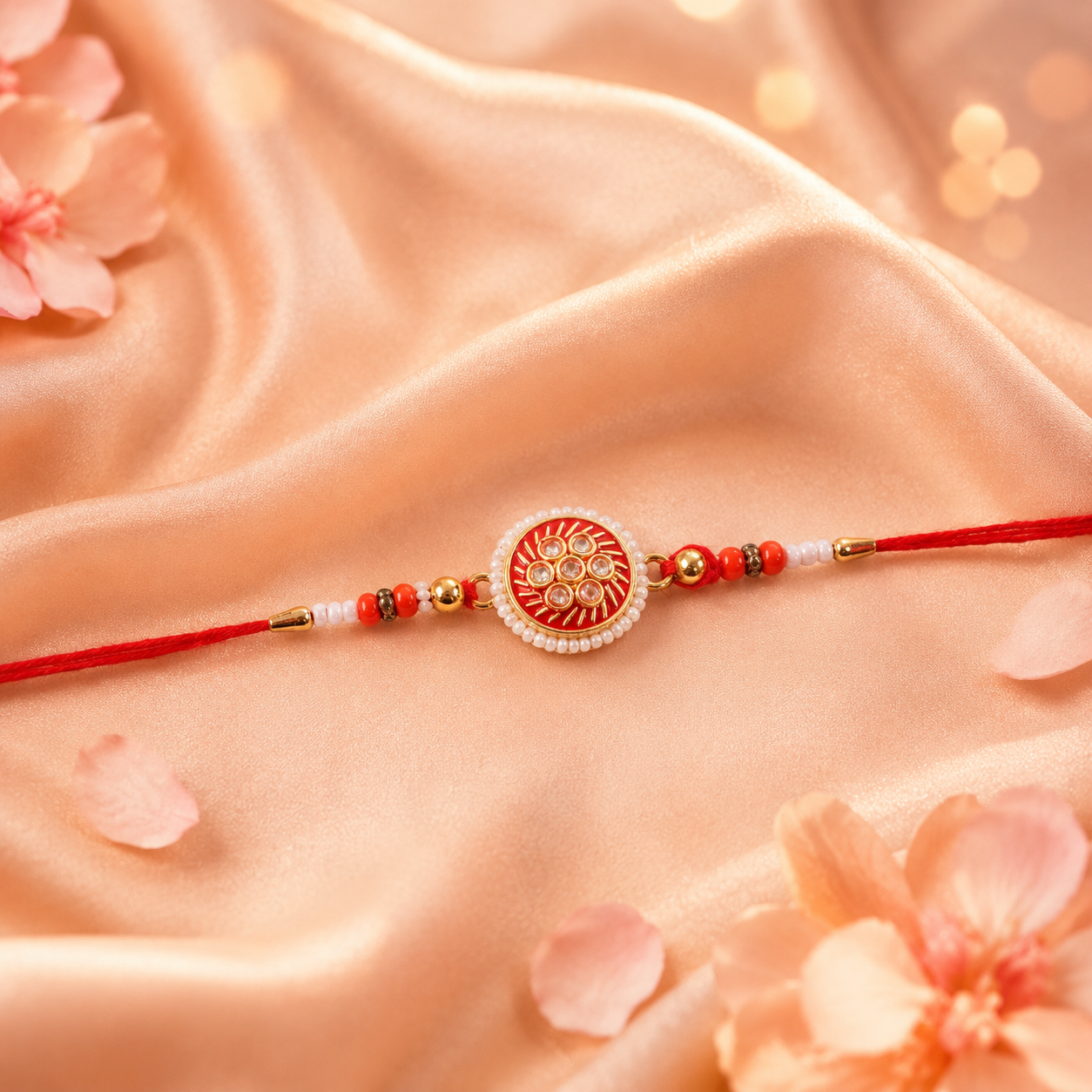 Golden Meena Kundan Rakhi with pearl on white background