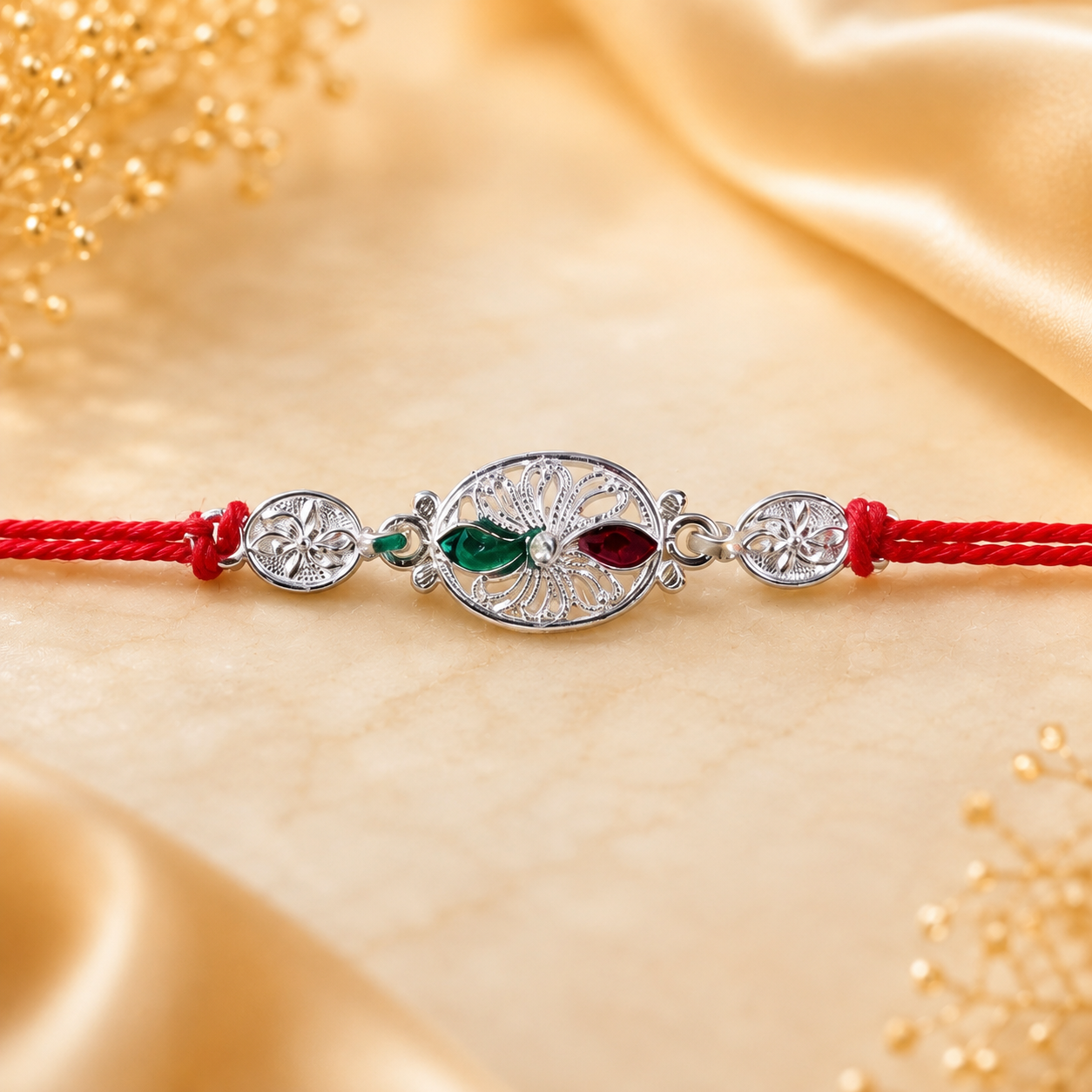 Display of Golden Meena Kundan Pearl Rakhi
