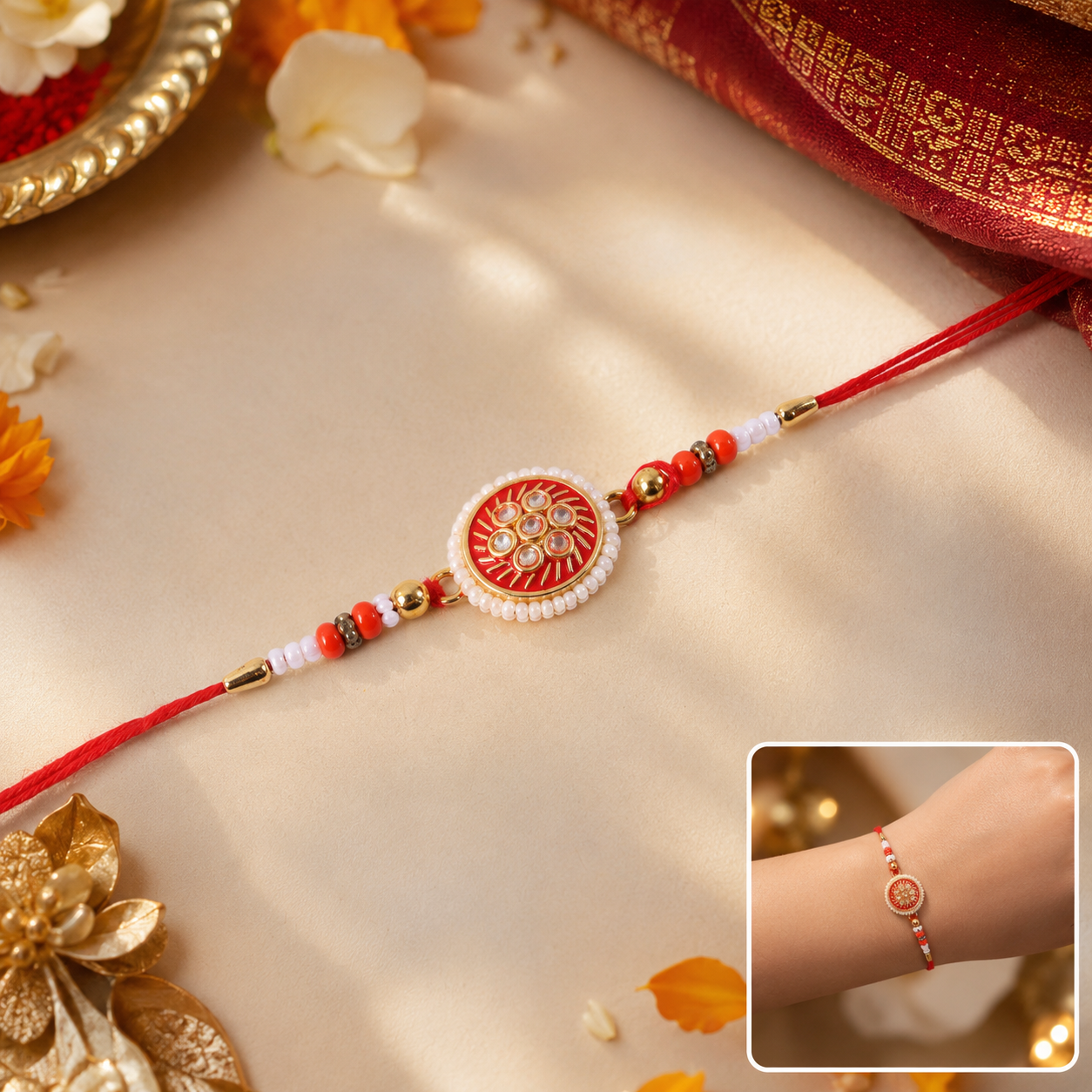 Front view of Golden Meena Kundan Pearl Rakhi with intricate design