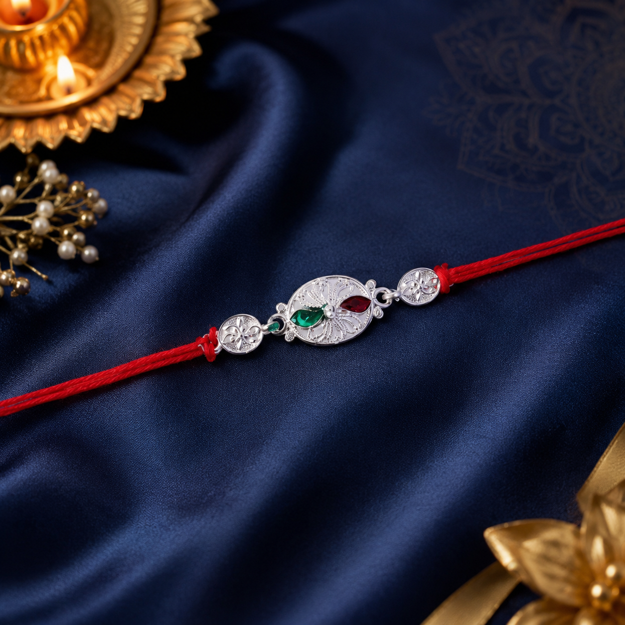 Side angle of Silver Floral Stone Rakhi emphasizing craftsmanship