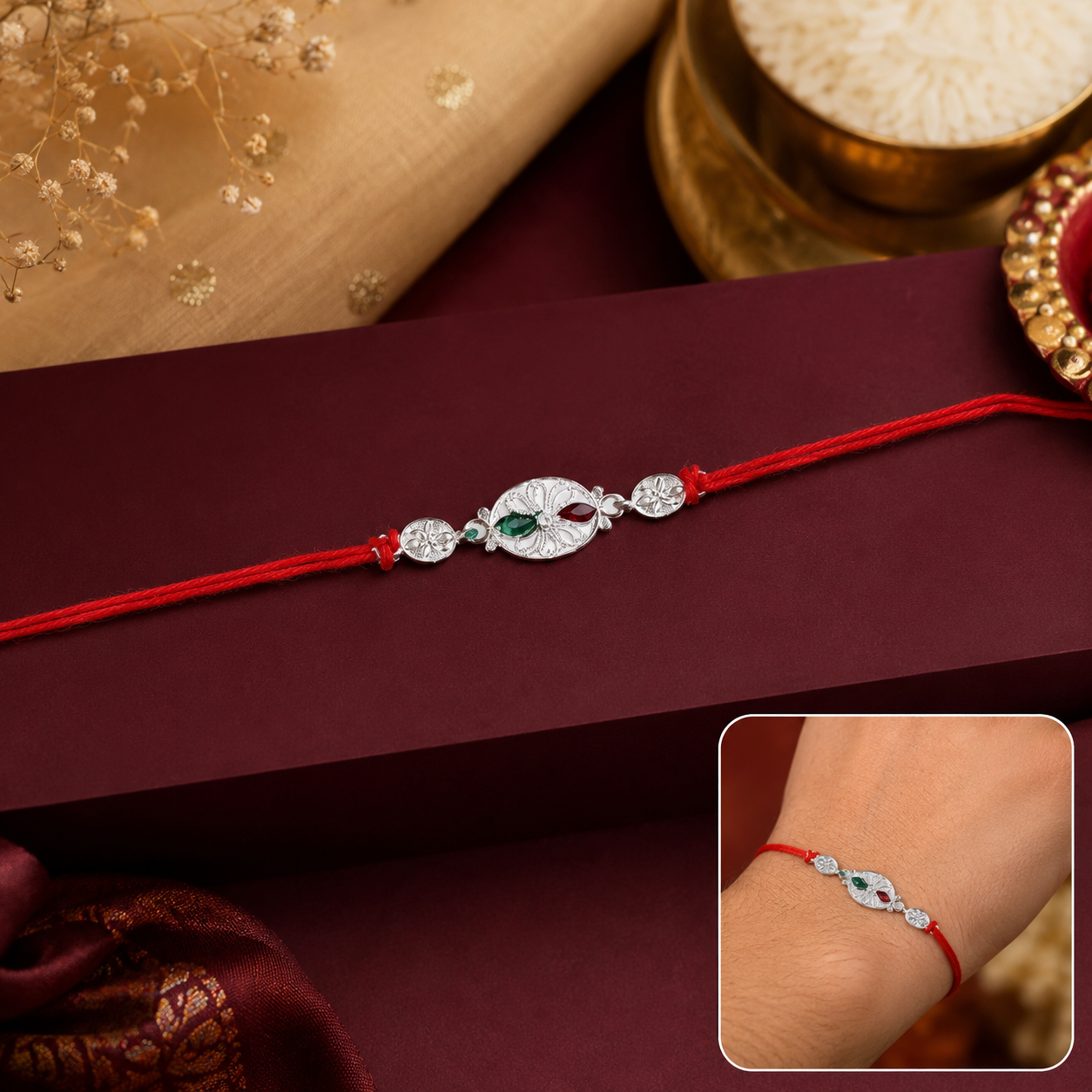 Front view of Silver Floral Stone Rakhi showing floral pattern