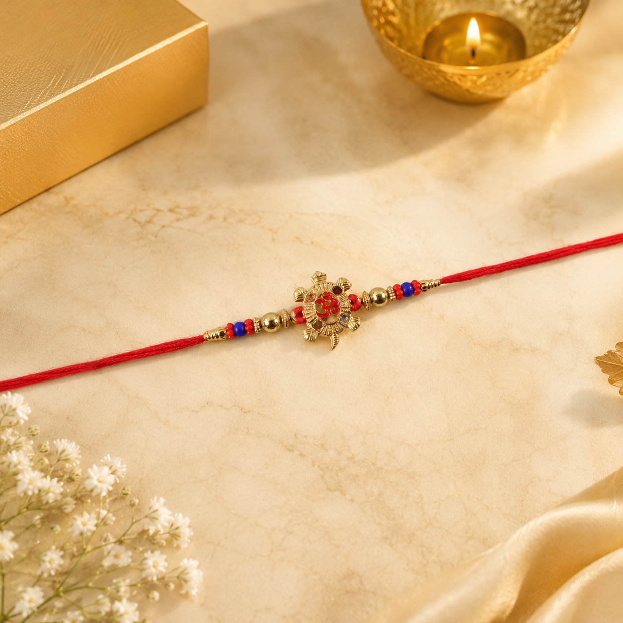 Angled view of Golden Tortoise Om Meena charm rakhi with colorful beads