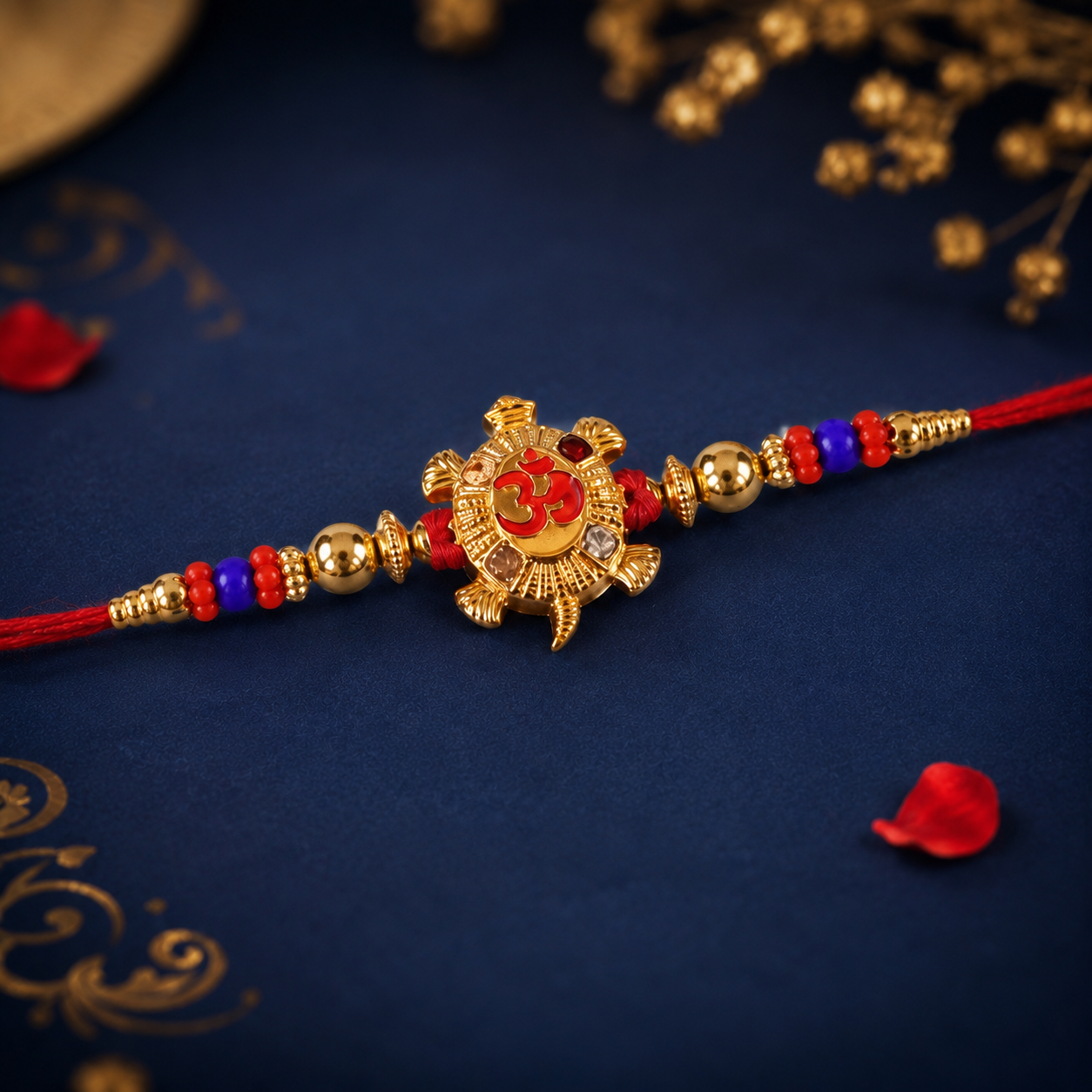 Close-up of Golden Tortoise Om Meena charm on rakhi