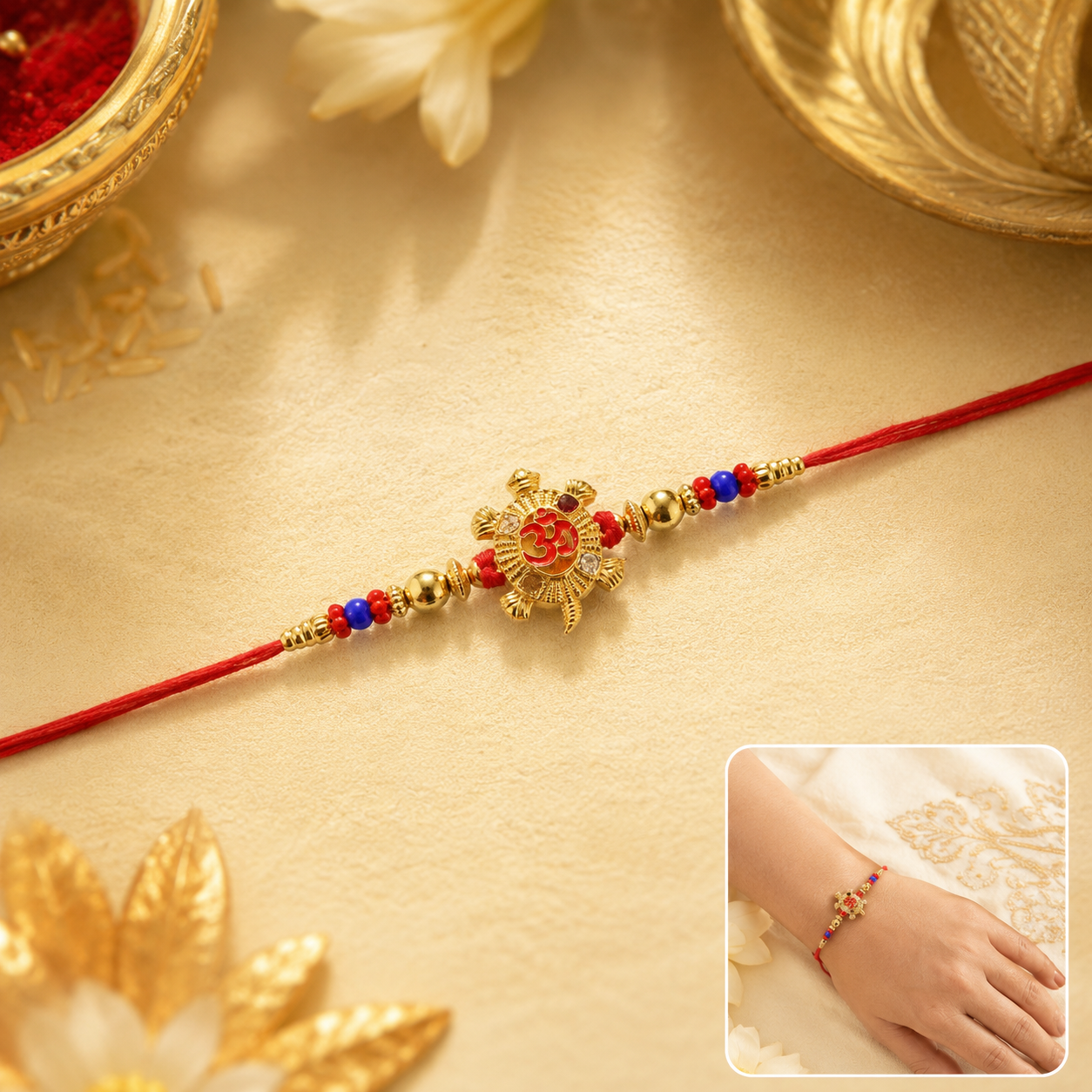 Front view of Golden Tortoise Om Meena charm rakhi with beads