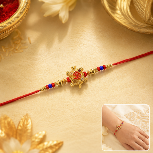 Front view of Golden Tortoise Om Meena charm rakhi with beads