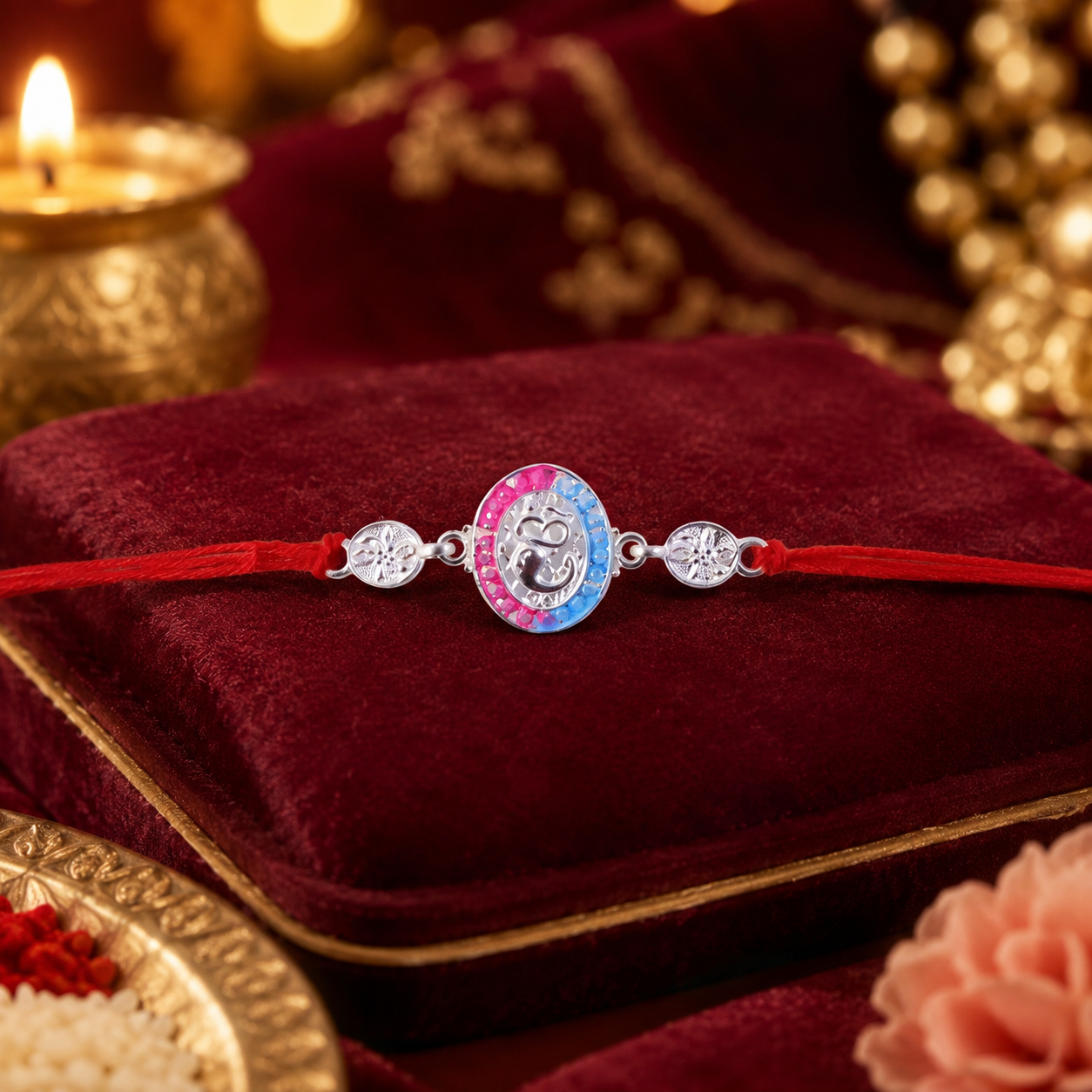 Close-up of silver stone charm Rakhi with decorative thread