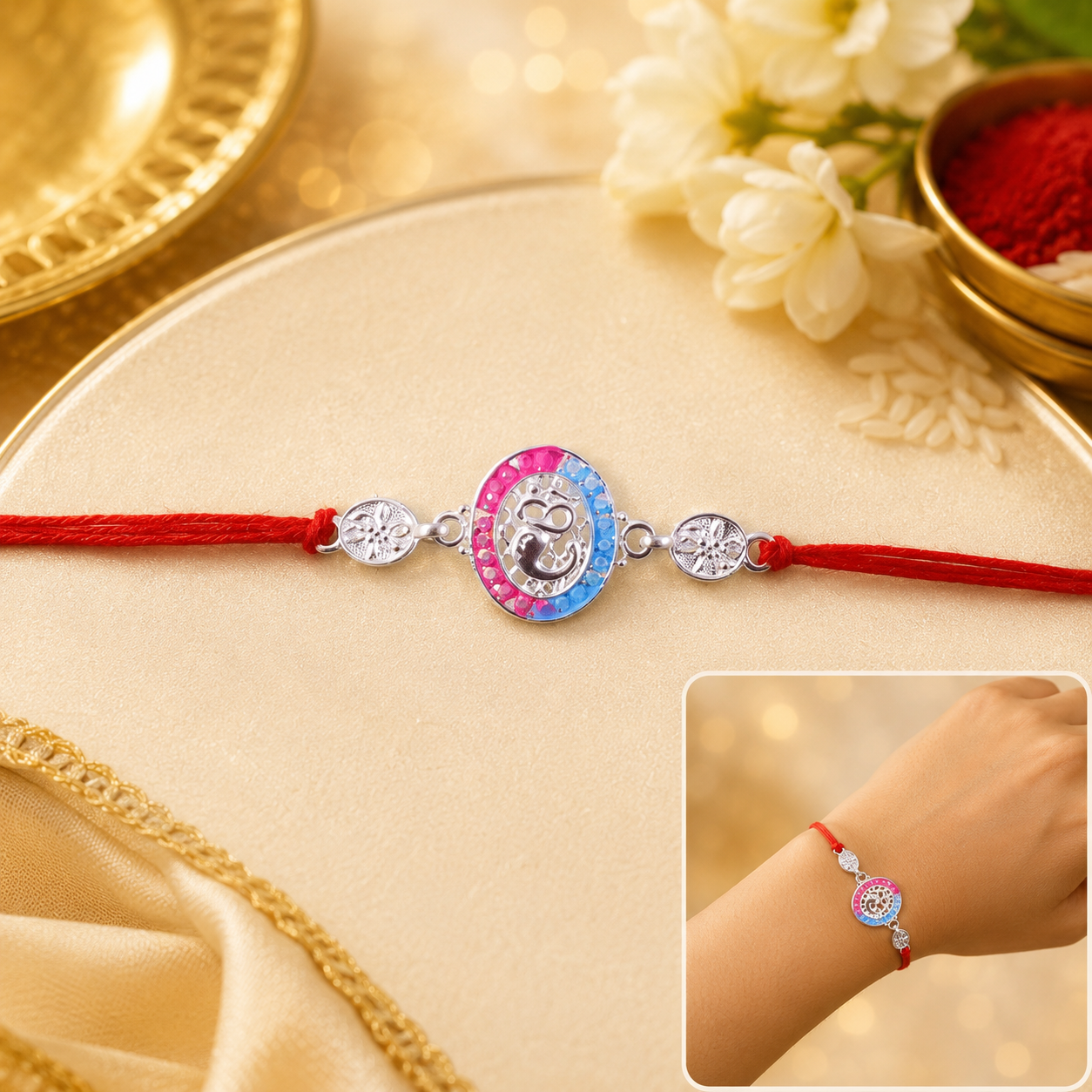 Silver round stone Rakhi with dori - perfect for brother on Raksha Bandhan