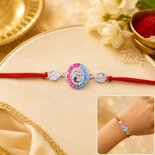 Silver round stone Rakhi with dori - perfect for brother on Raksha Bandhan
