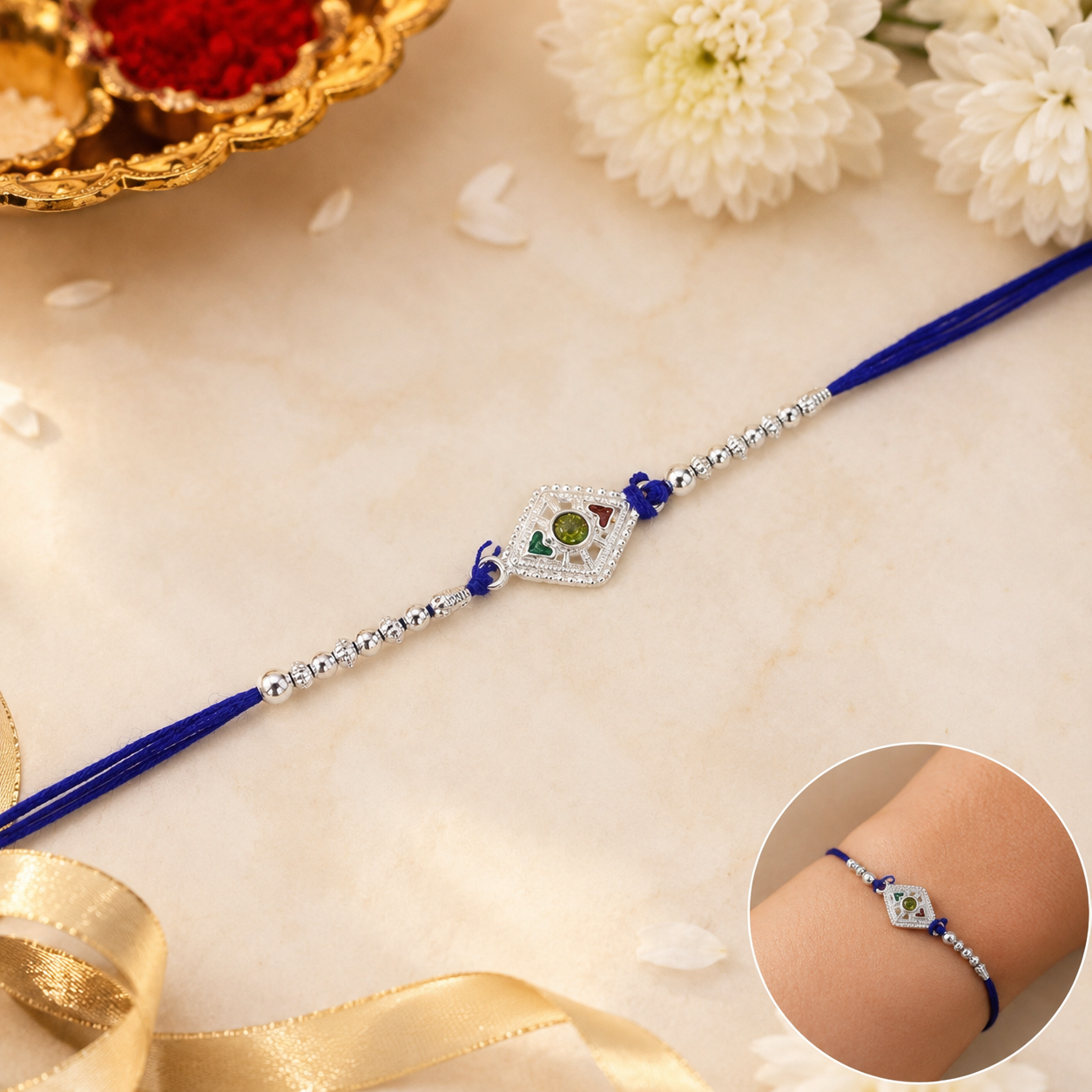 Front view of the elegant Silver Kite Rakhi for brother, showcasing the charm.