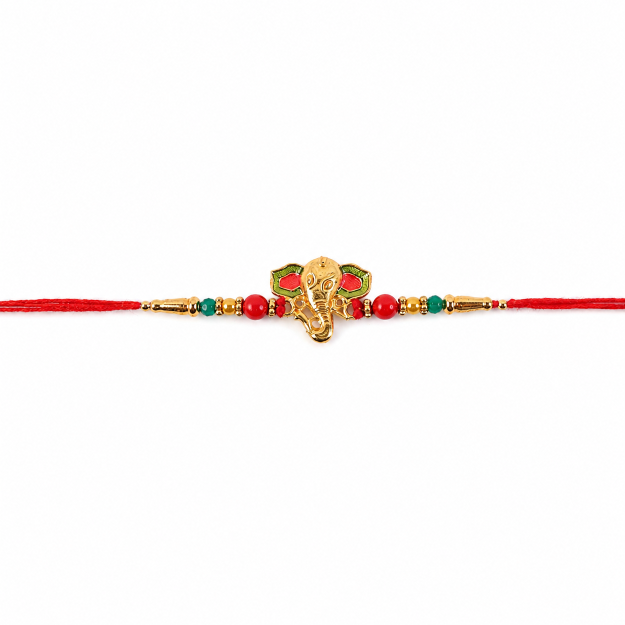 Detail of multicolor beads on rakhi with Ganesha charm