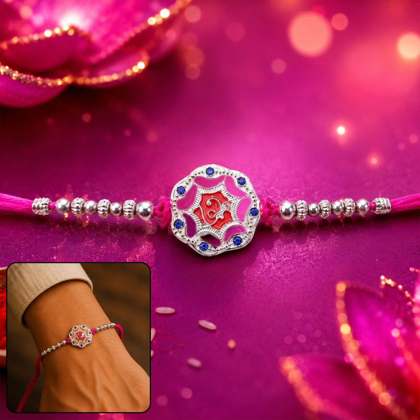 Silver floral round stone charm rakhi with beads, festive sibling gift