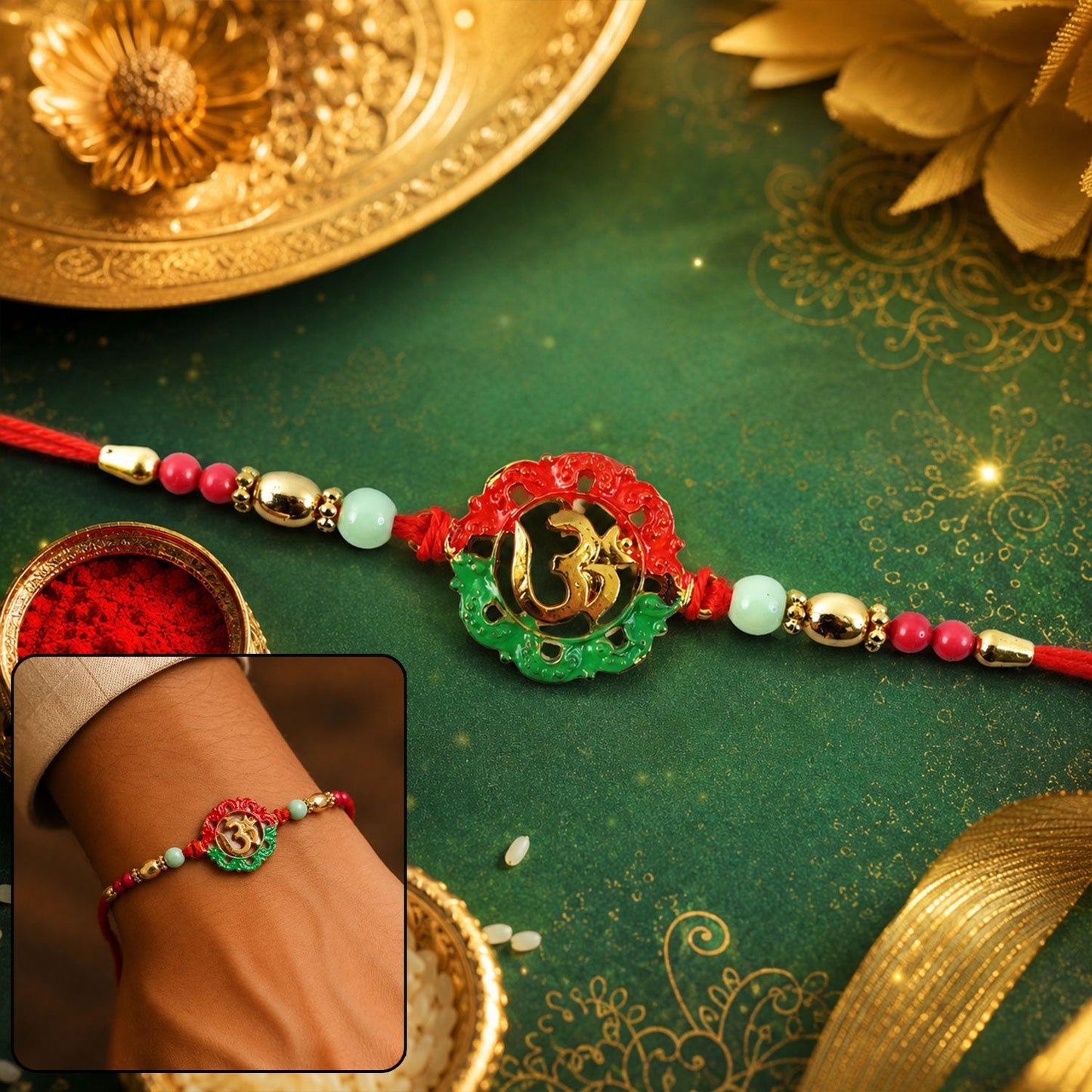 Golden Om round charm rakhi with decorative beads, perfect for Raksha Bandhan