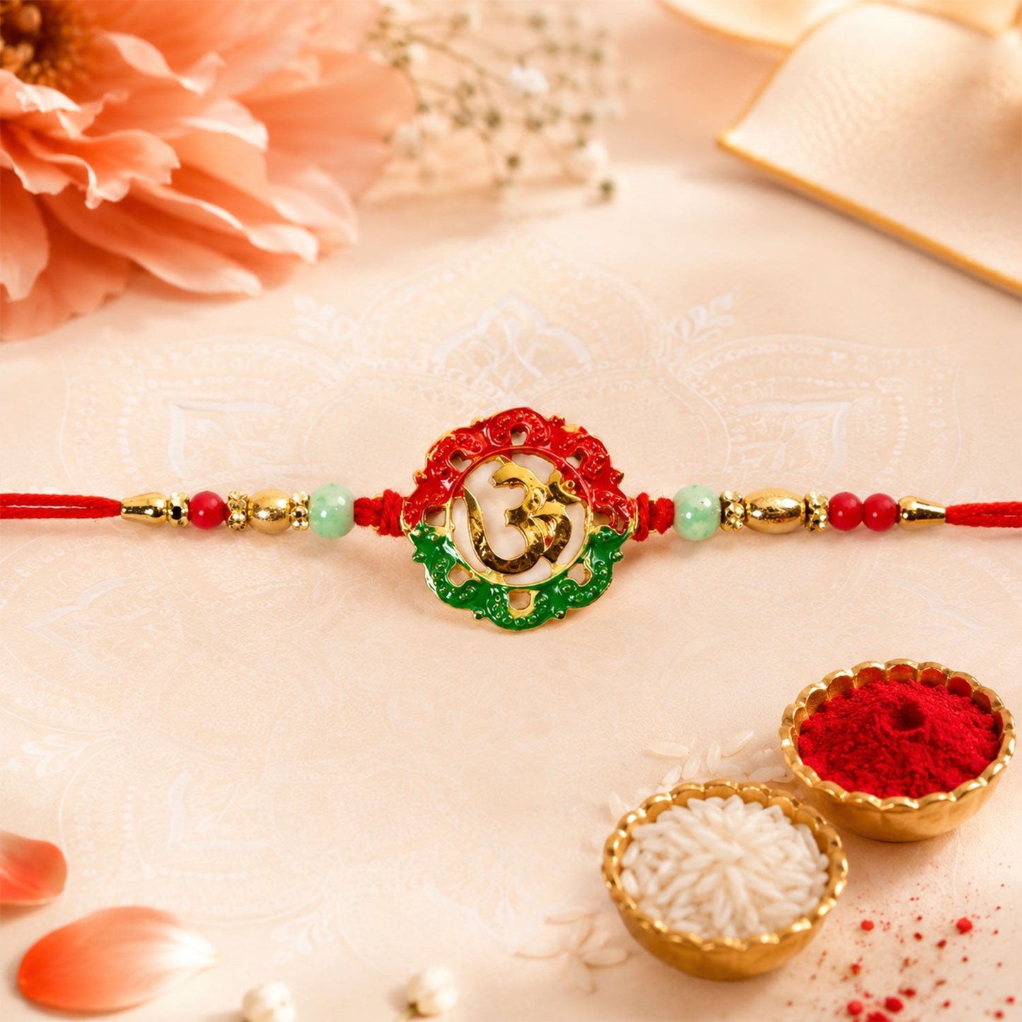 Close-up of Golden Om beads rakhi showcasing intricate design