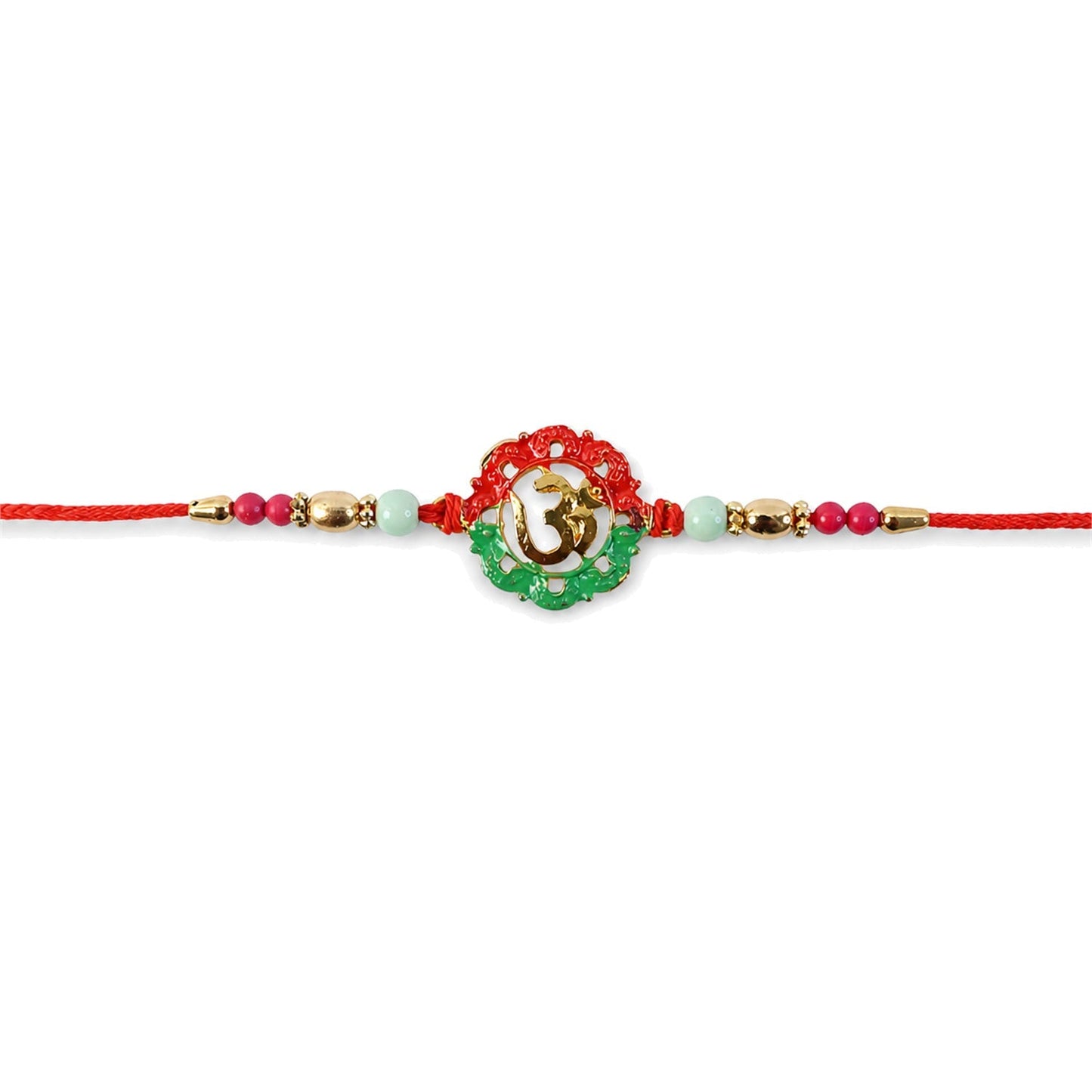 Golden Om beads rakhi displayed on festive background