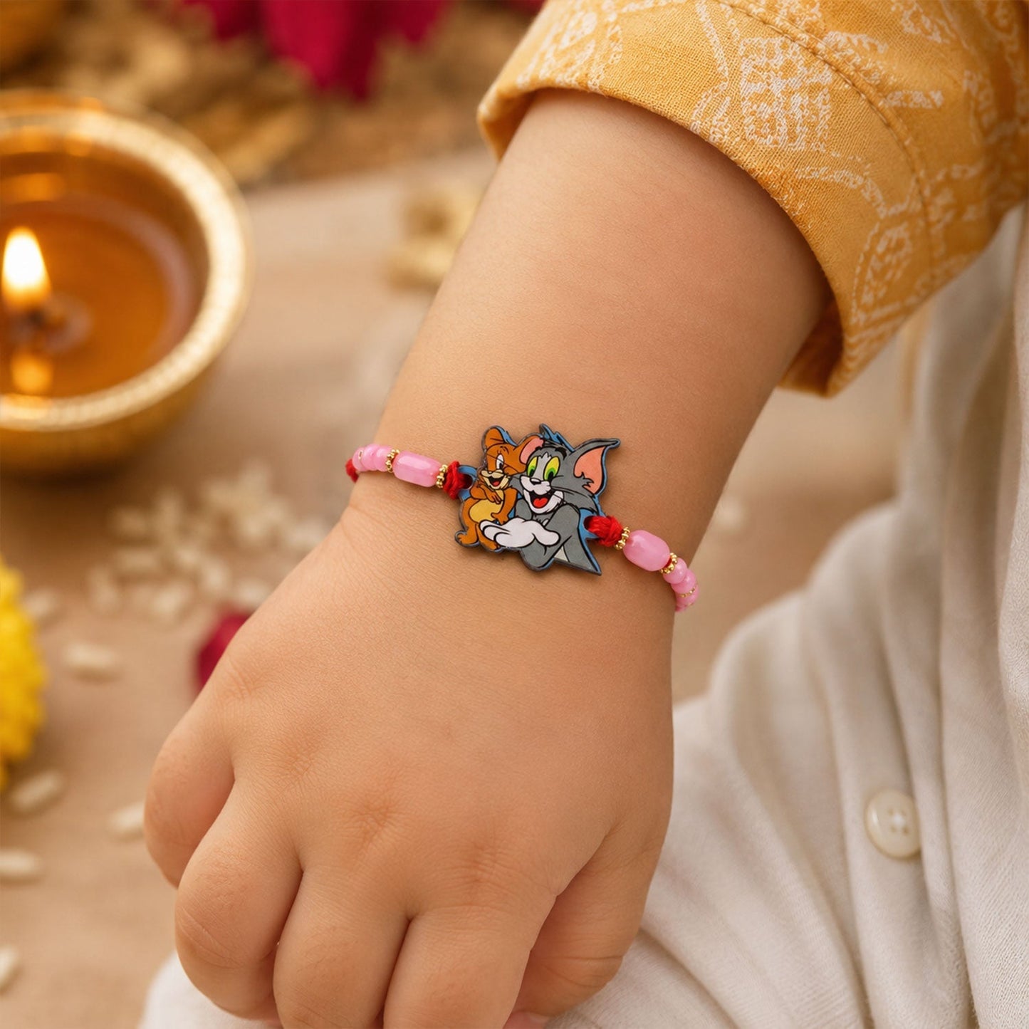 Layout of Tom And Jerry rakhi showing cartoon charm and vibrant beads