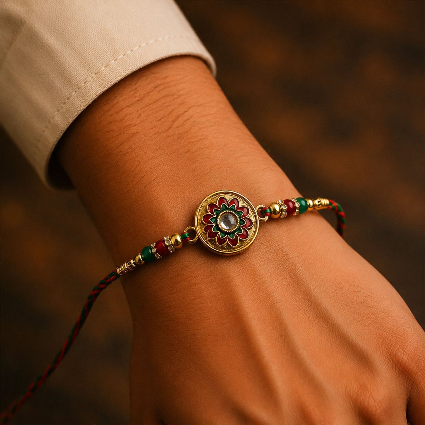 Premium traditional rakhi with colorful meenakari work and kundan stones for Raksha Bandhan