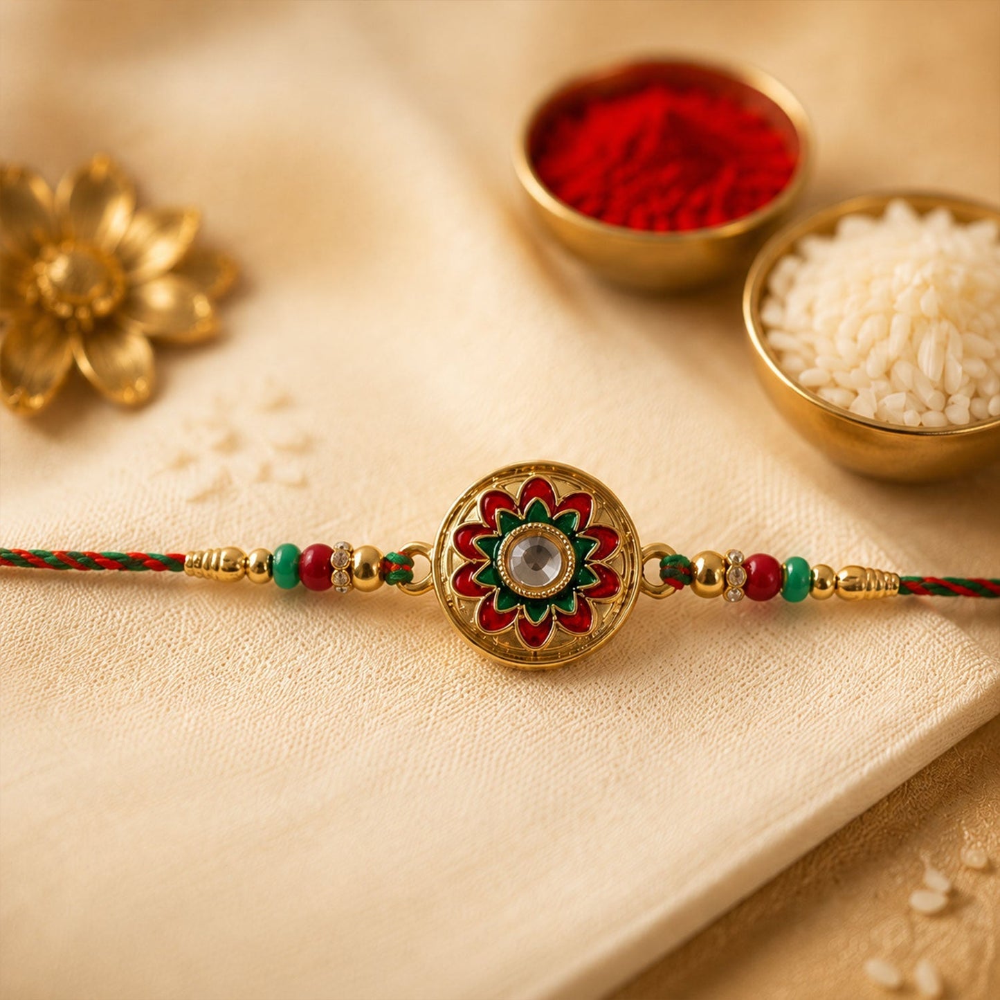 Bright and decorative meenakari kundan rakhi with traditional motifs for Rakshabandhan