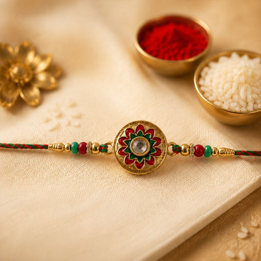 Bright and decorative meenakari kundan rakhi with traditional motifs for Rakshabandhan