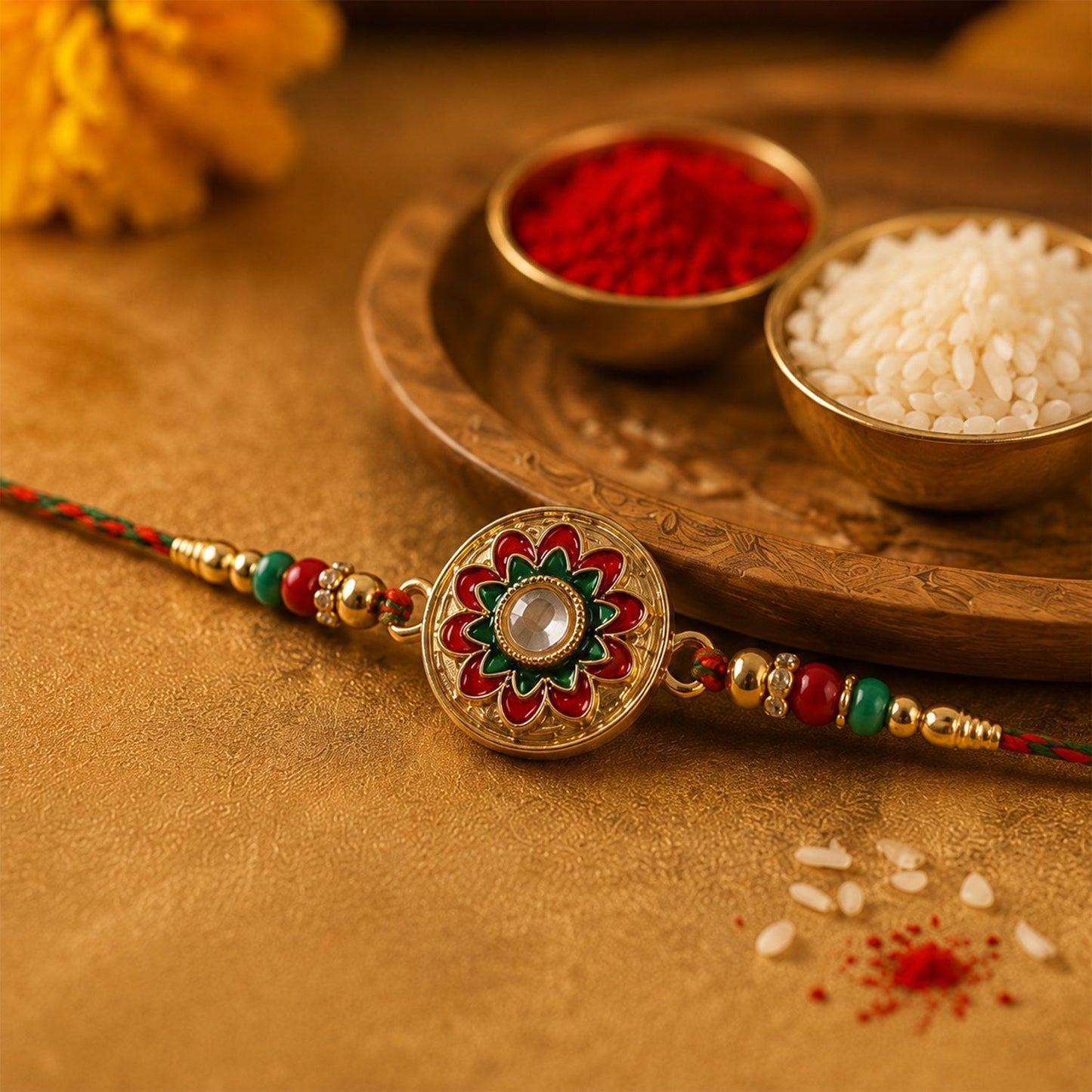 Stylish meenakari and kundan work rakhi with colorful bead detailing for Rakhi celebration