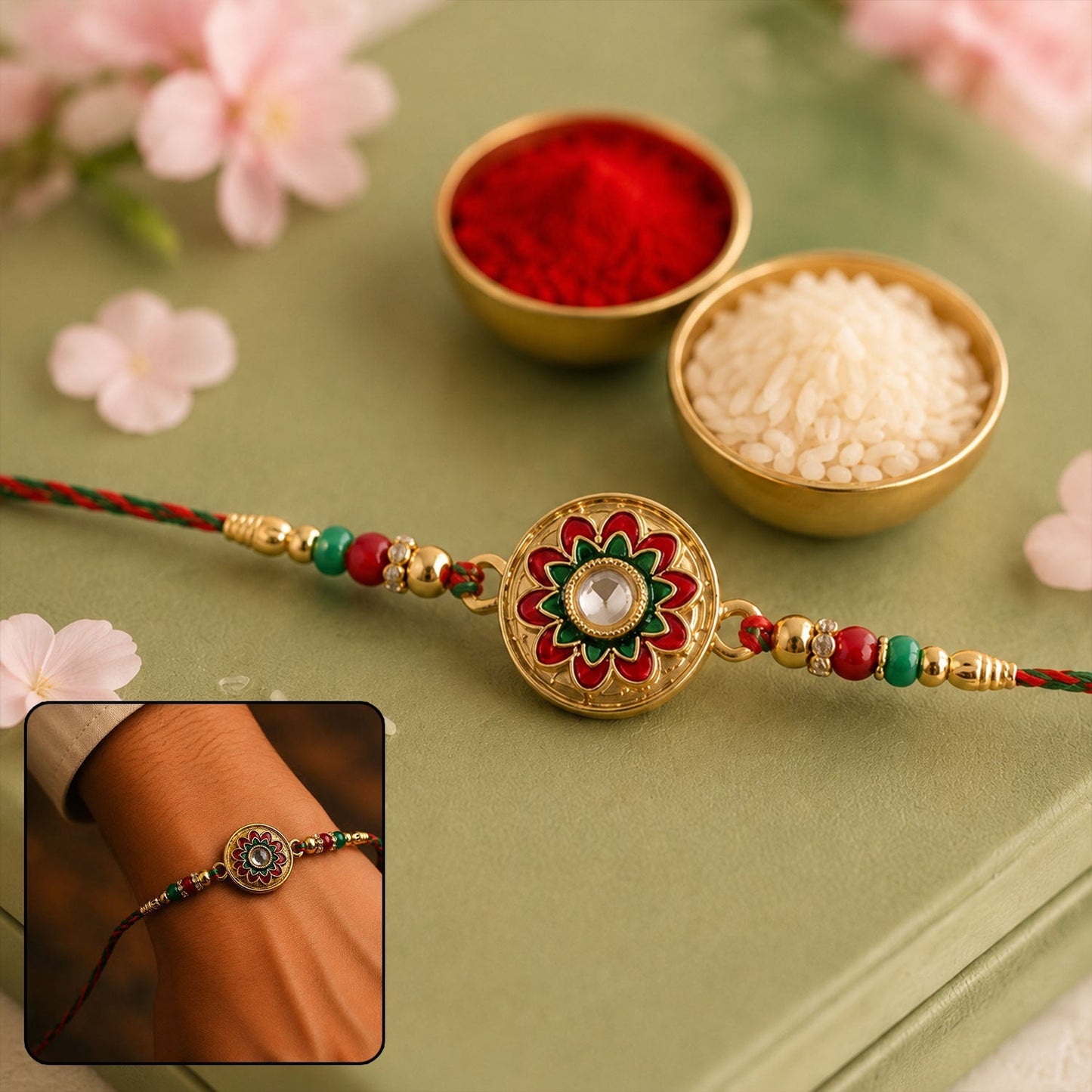 Elegant traditional rakhi with meenakari and kundan embellishments for Rakshabandhan