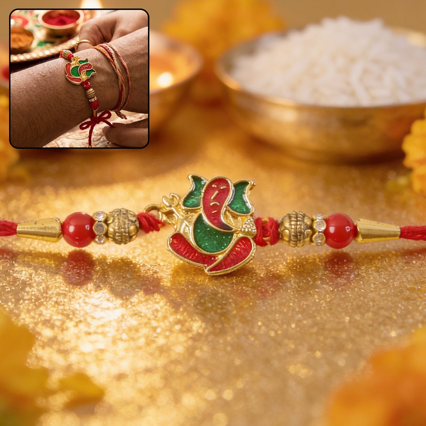 Stylish Lord Ganesha meenakari rakhi with intricate detailing and beads