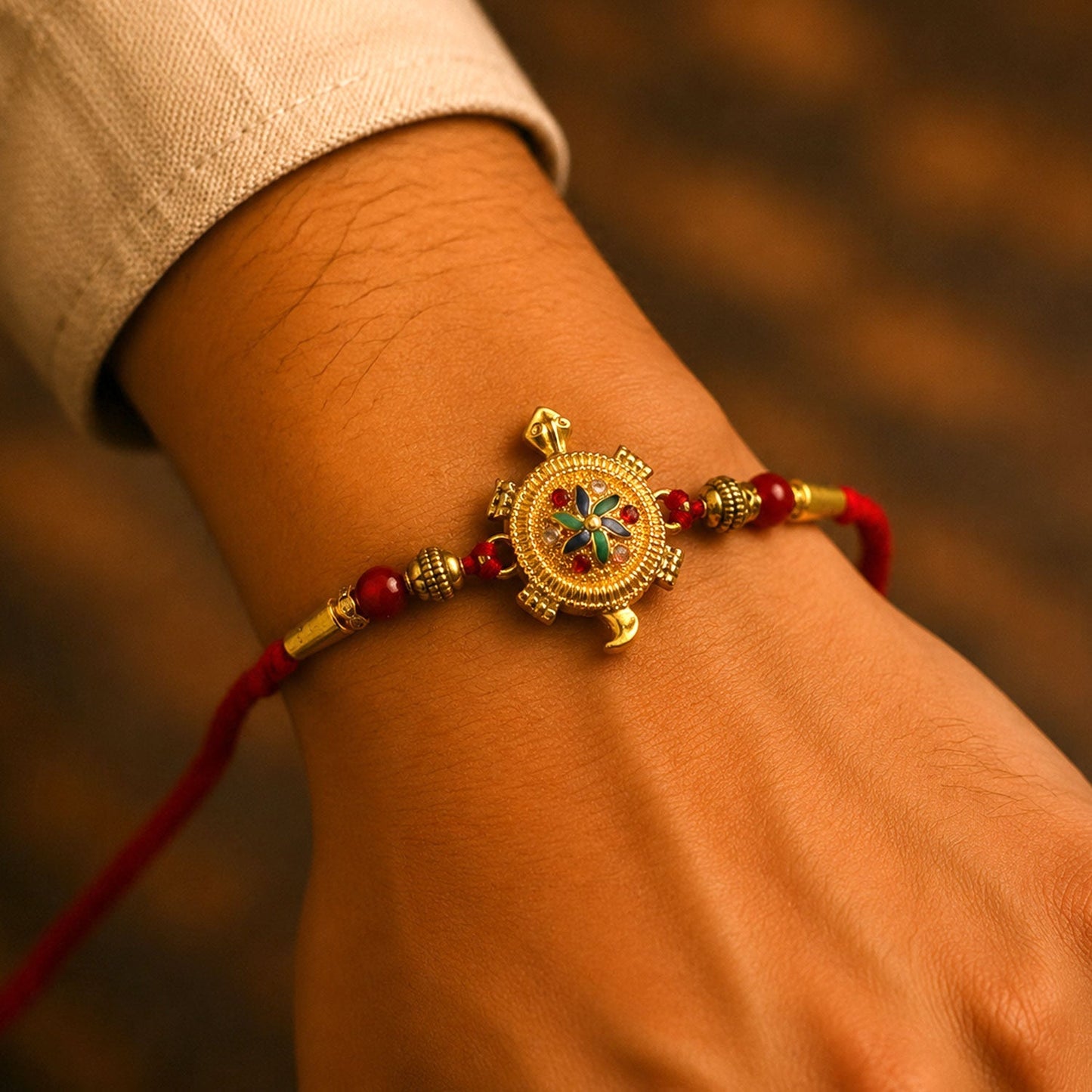 Colorful decorative beads and detailed finish on Golden Tortoise Rakhi