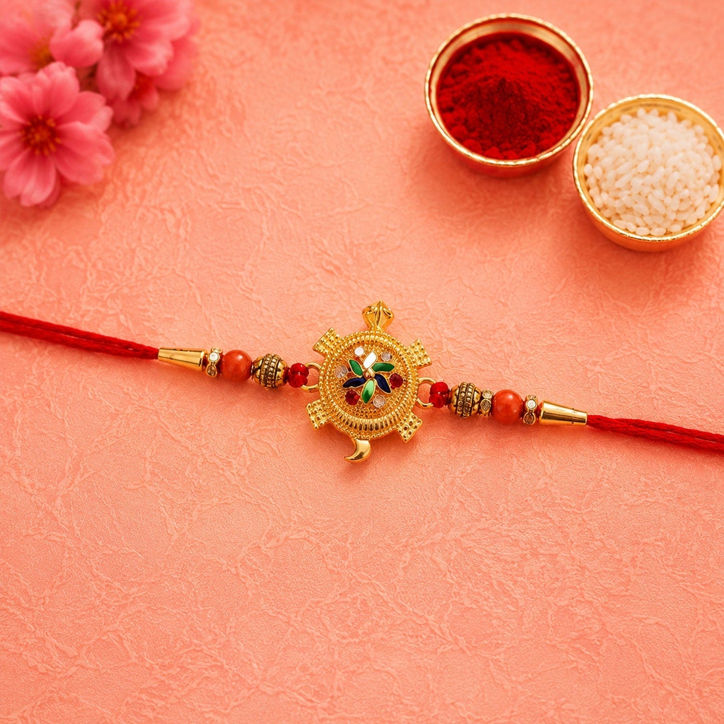Close-up of luxurious golden tortoise design on festive rakhi