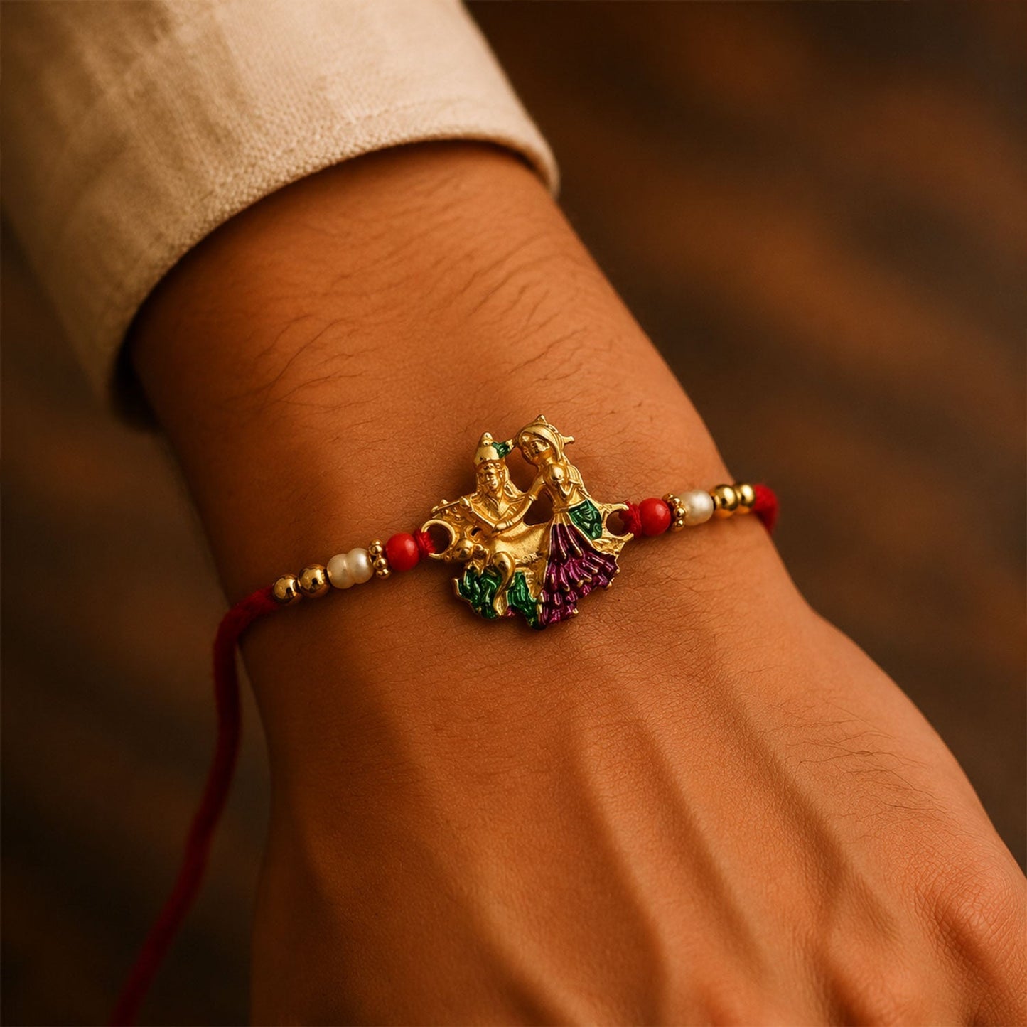 Vibrant traditional Rakhi with decorative beads and design
