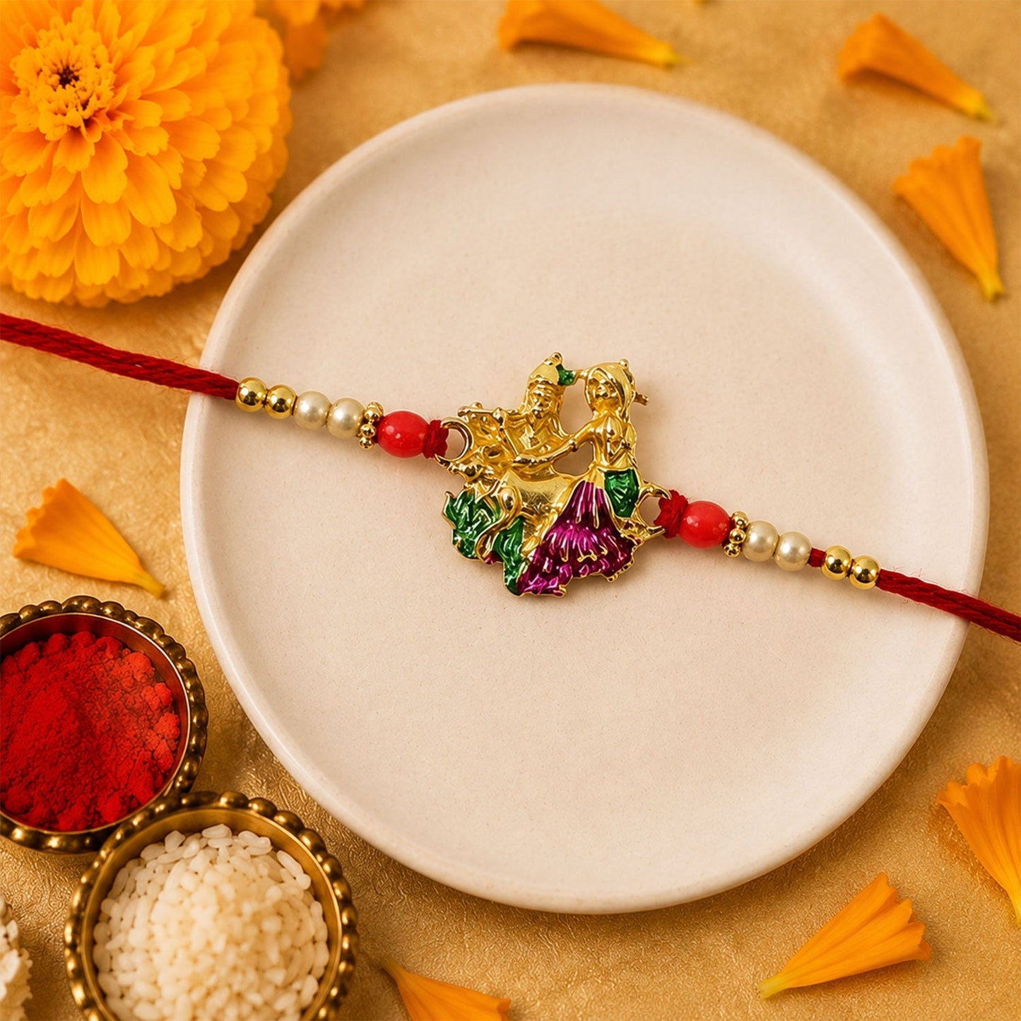 Stylish Radhe Krishna Rakhi with intricate meenakari detailing