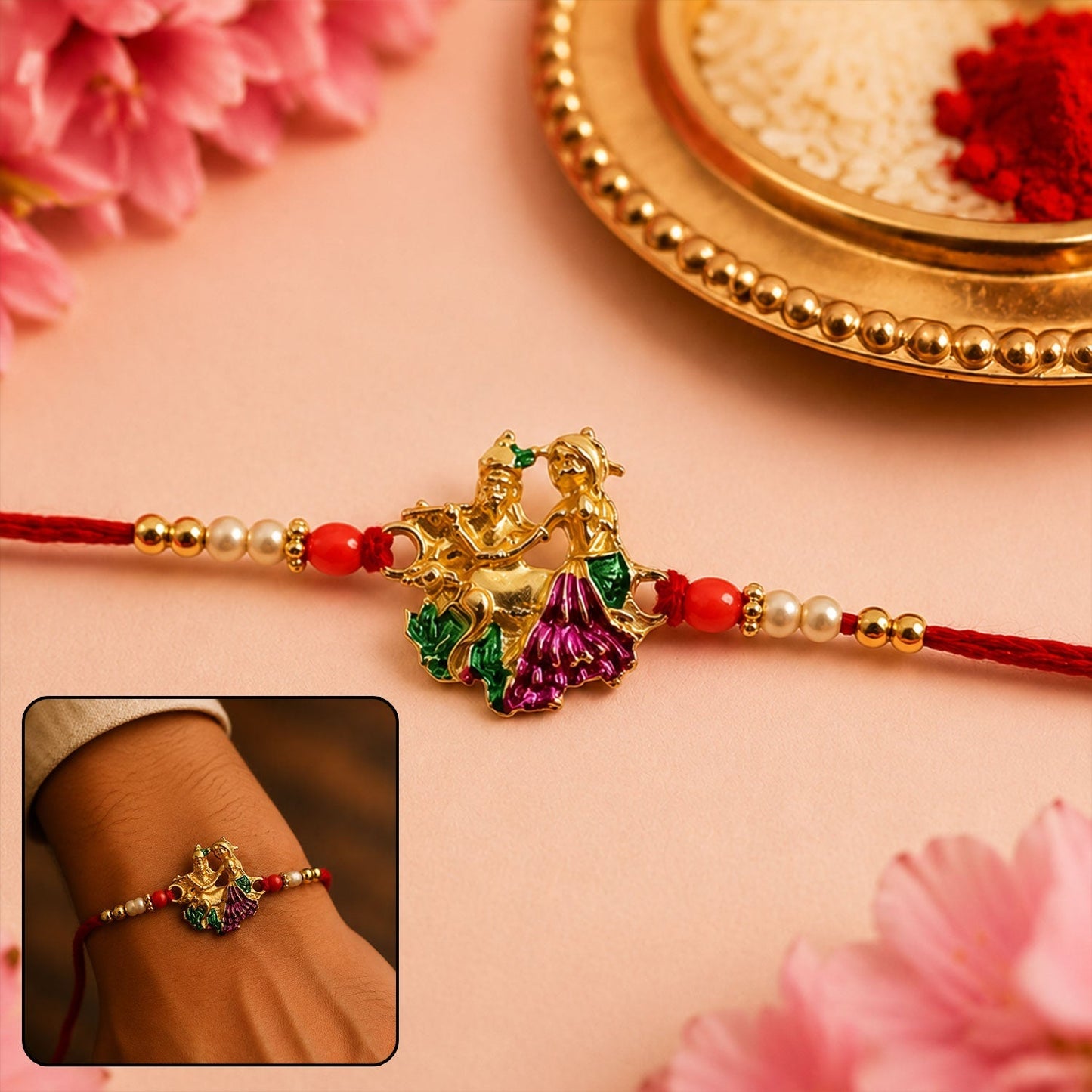 Close-up of colorful meenakari work and ornamented centerpiece on Rakhi