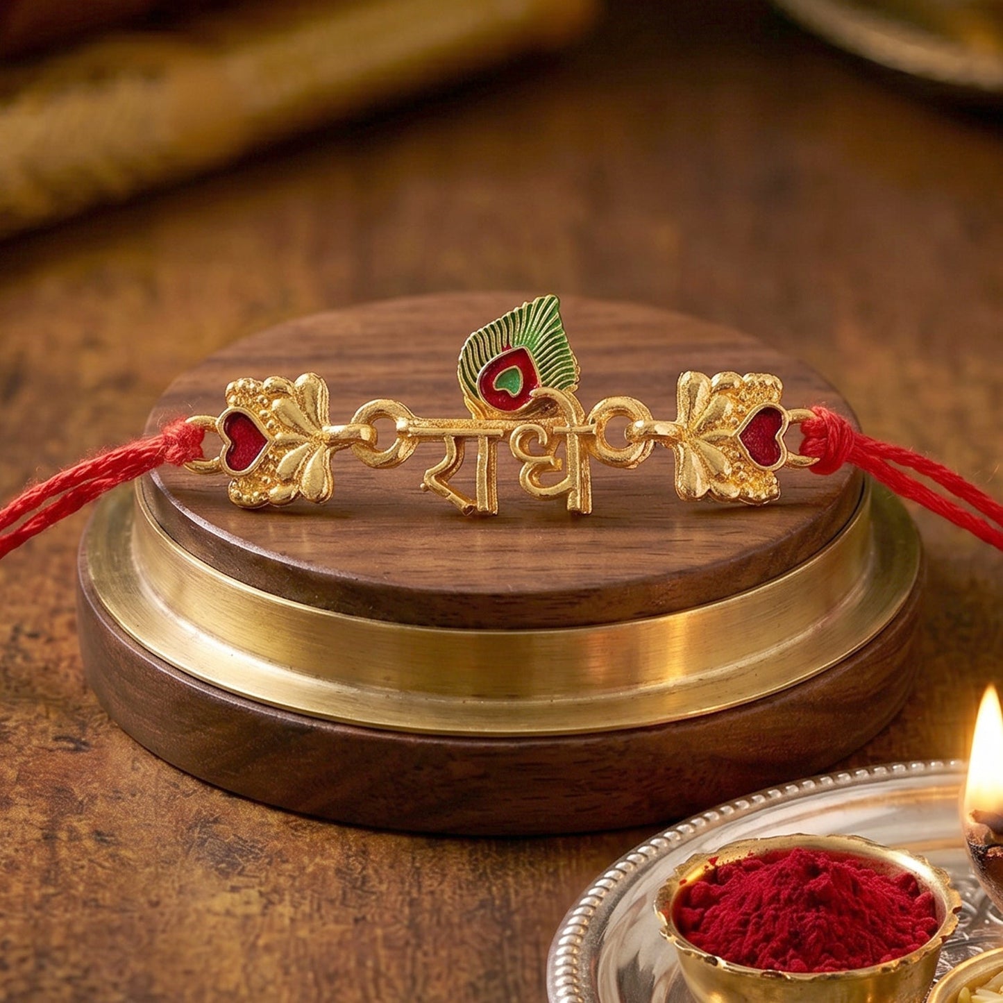 Beautifully crafted Golden Radhe Peacock Feather Rakhi for brother