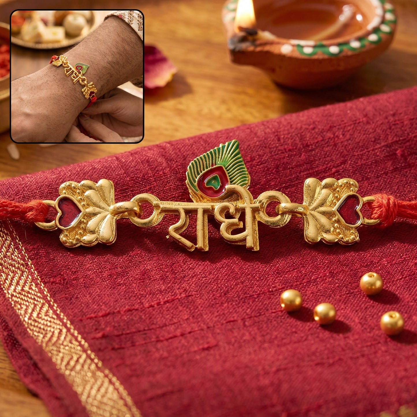 Stylish Golden Radhe Peacock Feather Rakhi with a modern traditional look