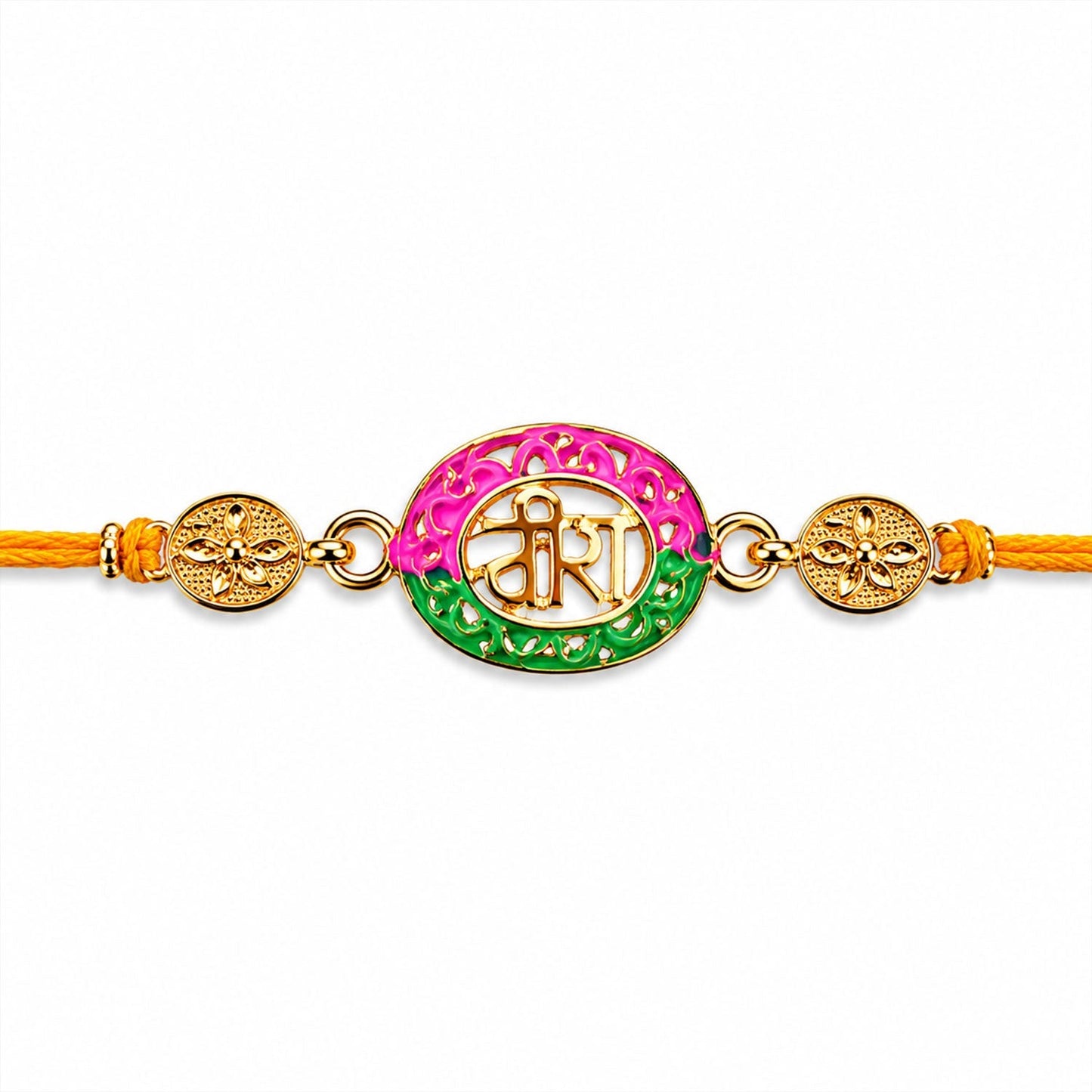 Beautiful pink and green meenakari rakhi with eye-catching centerpiece