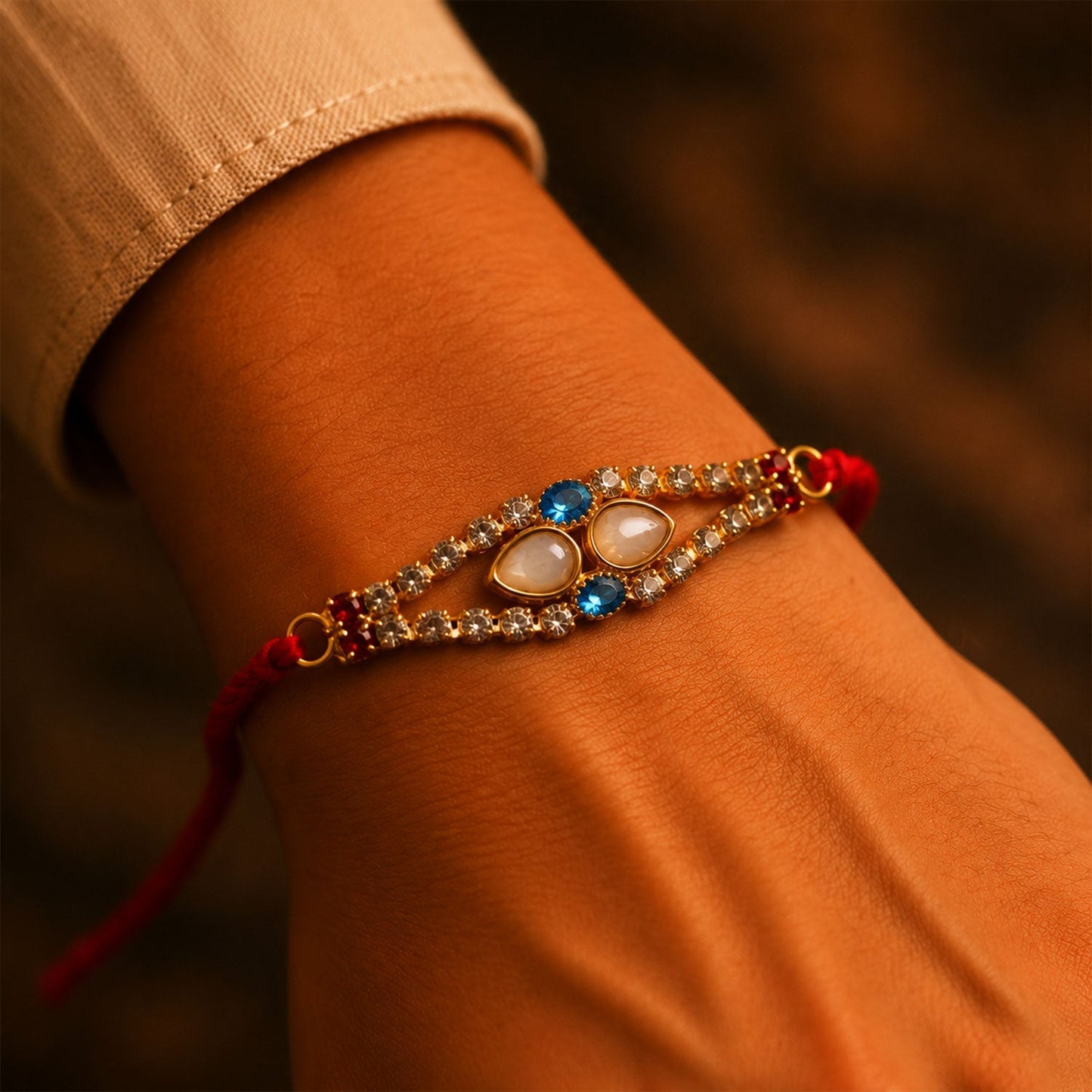 Close-up of American Diamonds & pearls on Rakhi