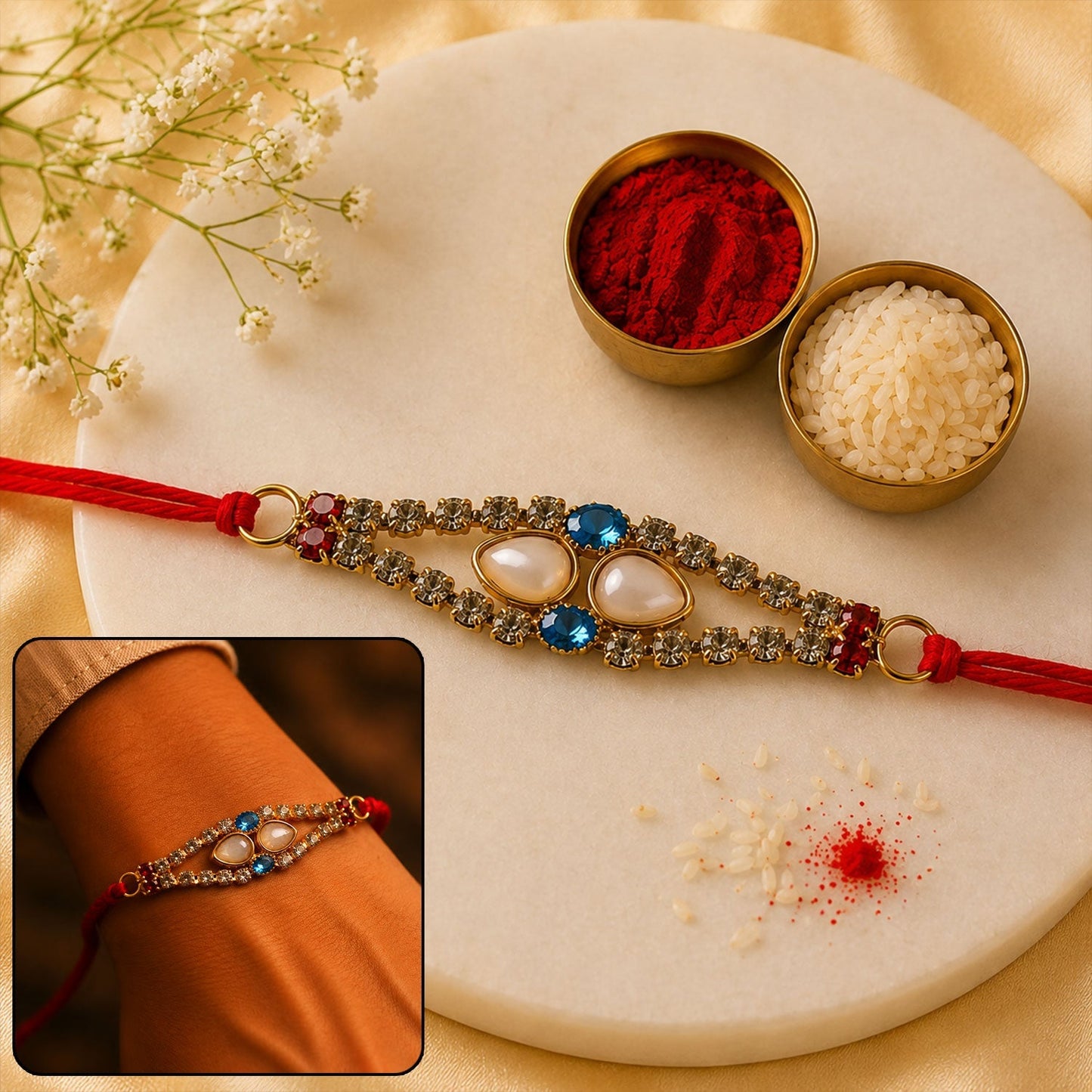 Elegant American Diamond & Pearl Rakhi for Raksha Bandhan display