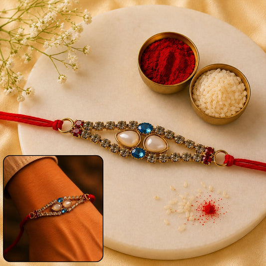 Elegant American Diamond & Pearl Rakhi for Raksha Bandhan display