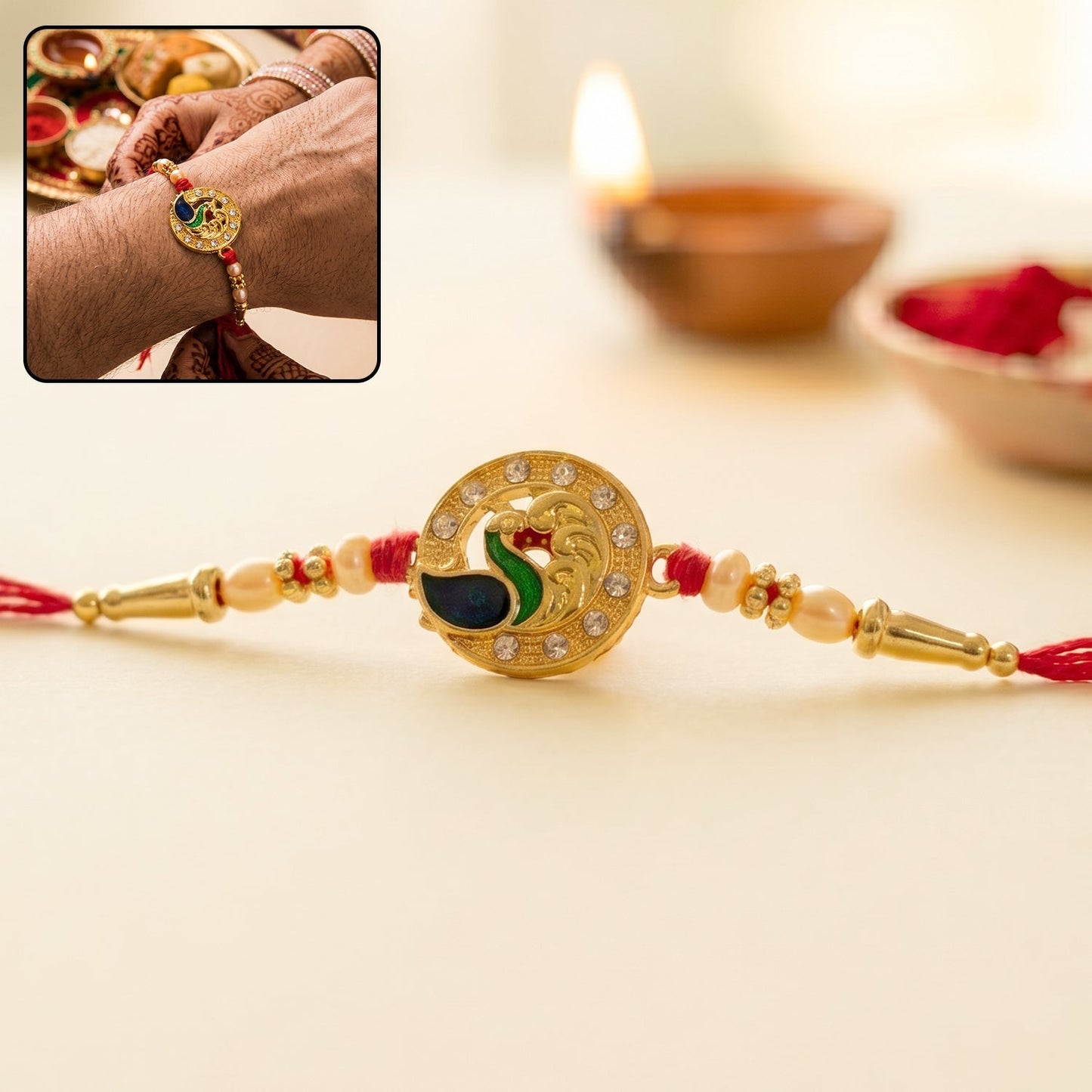 Elegant designer Rakhi with CZ stones and decorative beads for Raksha Bandhan
