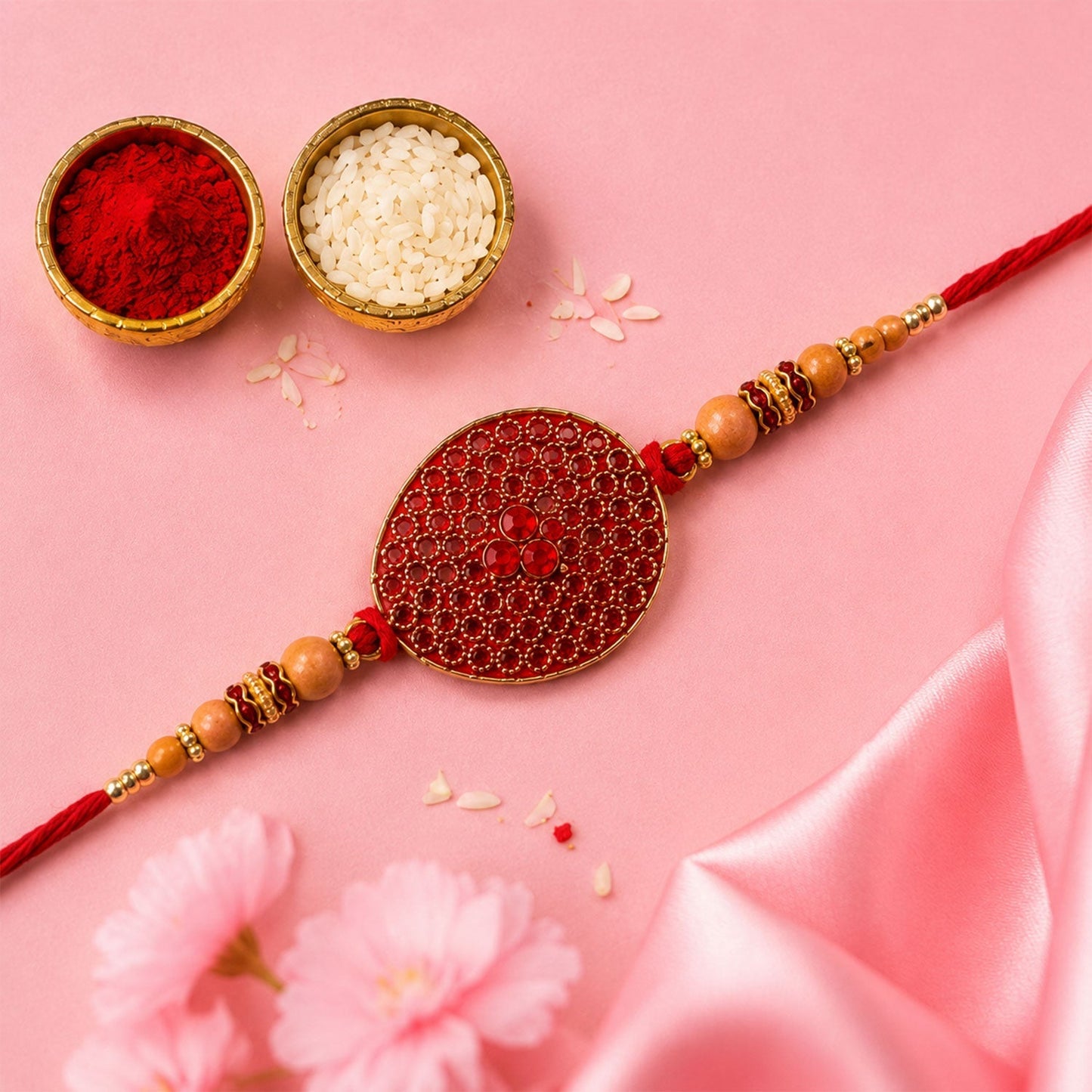  Stylish and lightweight Rakhi with red stone and beaded accents.