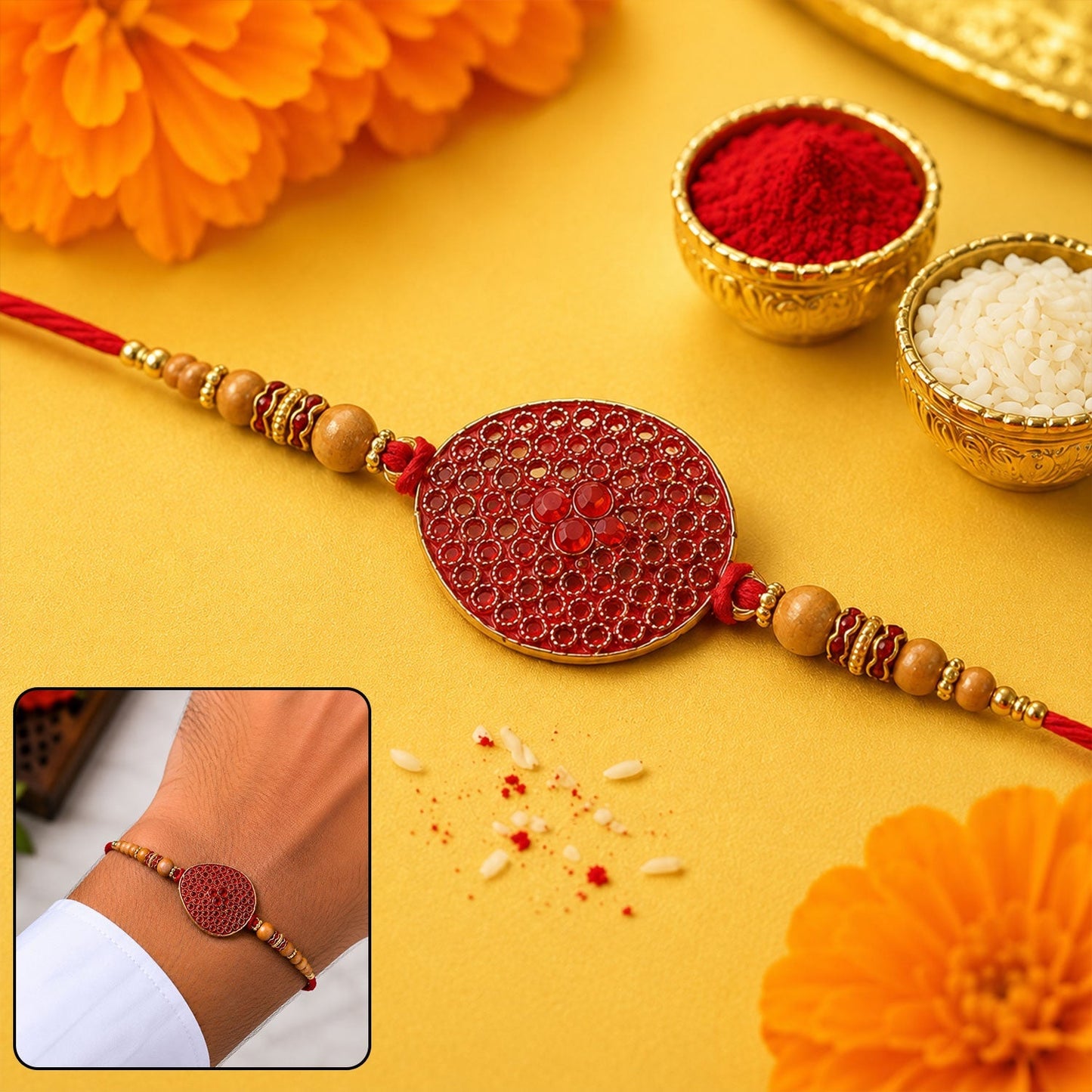 Red stone disc with wooden beads Rakhi showcasing traditional festive design.