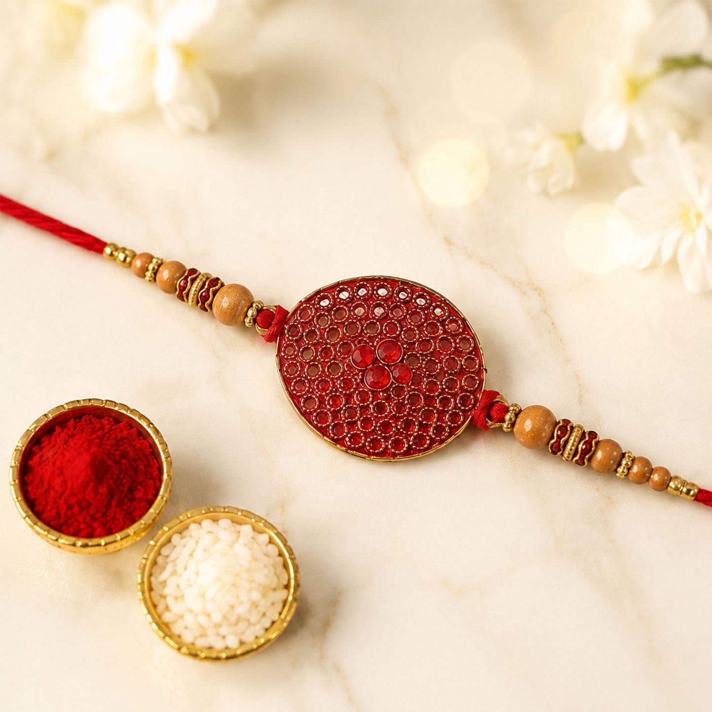 Elegant traditional Rakhi with detailed finish and attractive centerpiece.