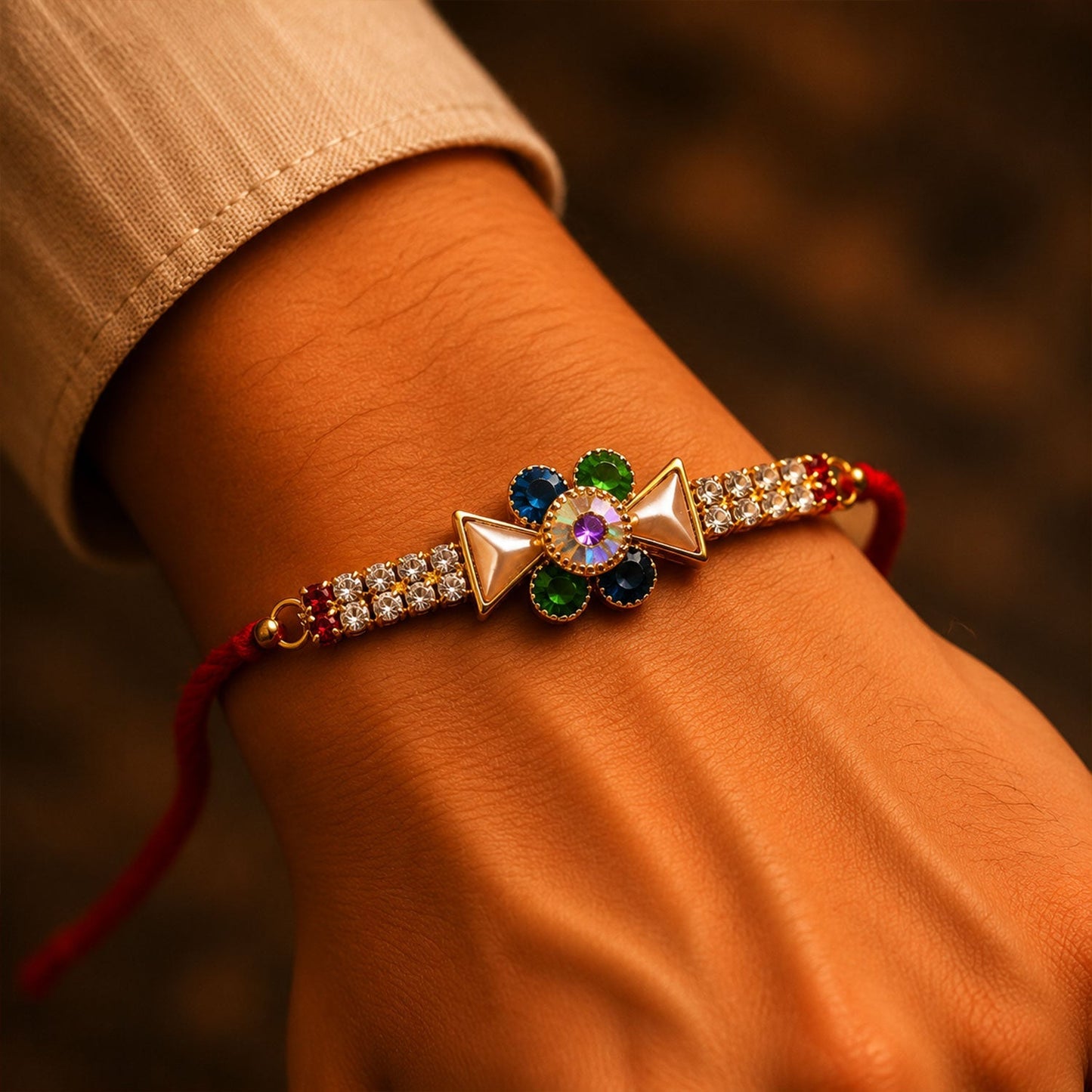 Side view of vibrant American Diamond Rakhi thread for Raksha Bandhan
