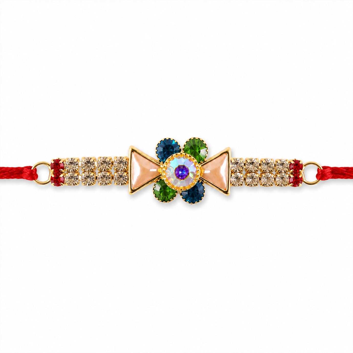 Close-up of multicolour American Diamond centerpiece on Rakhi