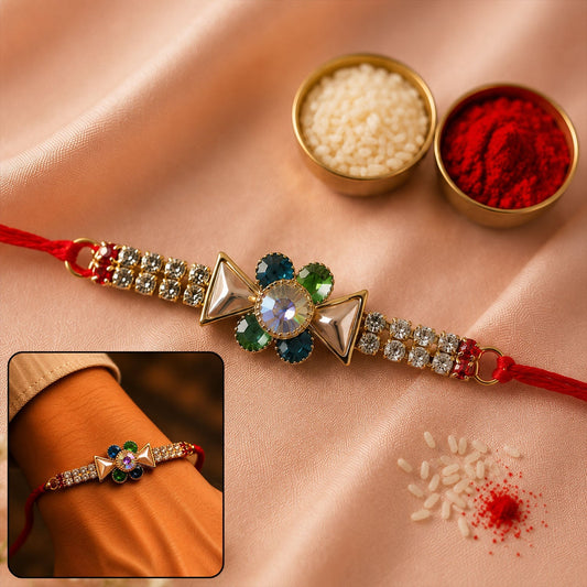 Multicolour American Diamond Rakhi with beads and eye-catching centerpiece